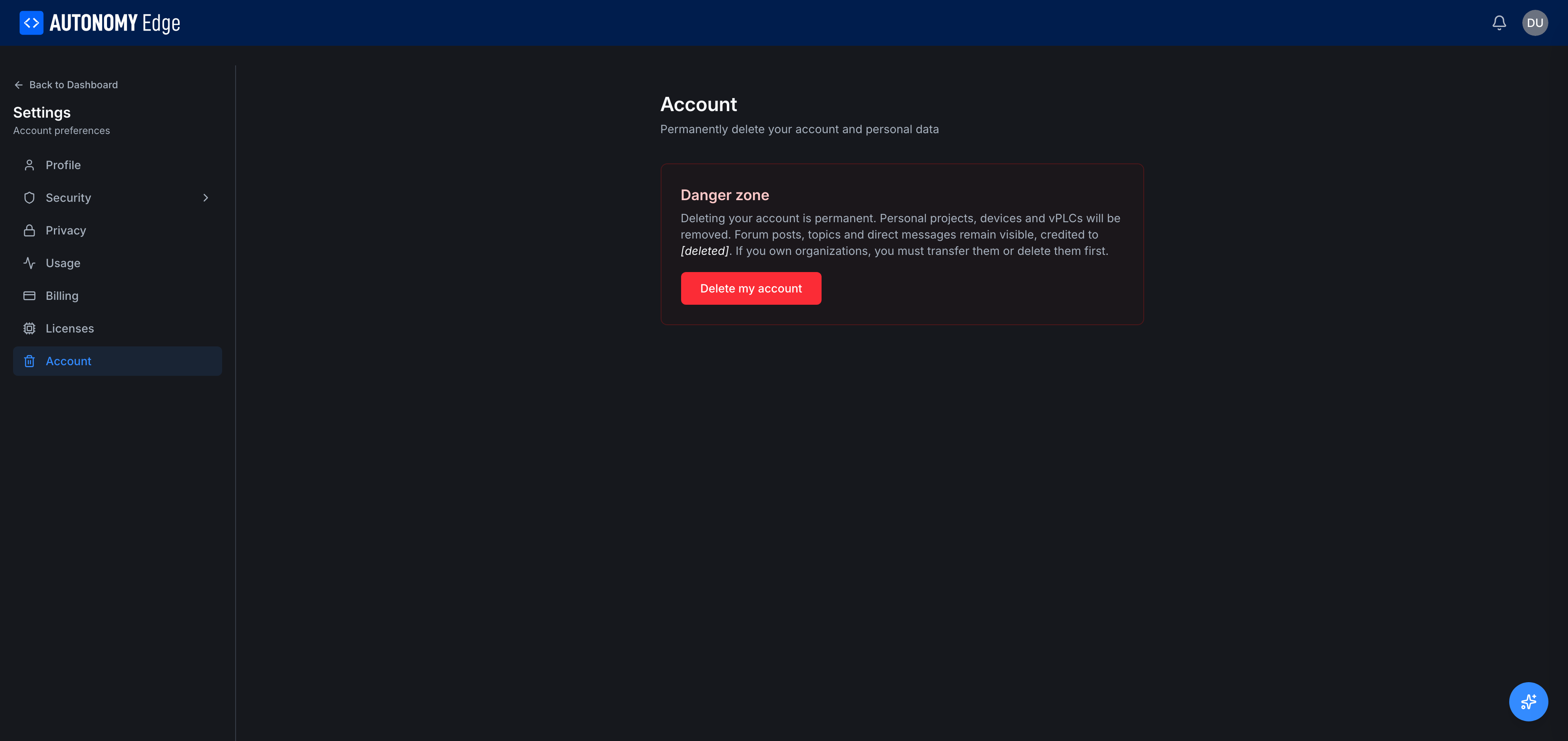 Settings → Account | Autonomy Edge