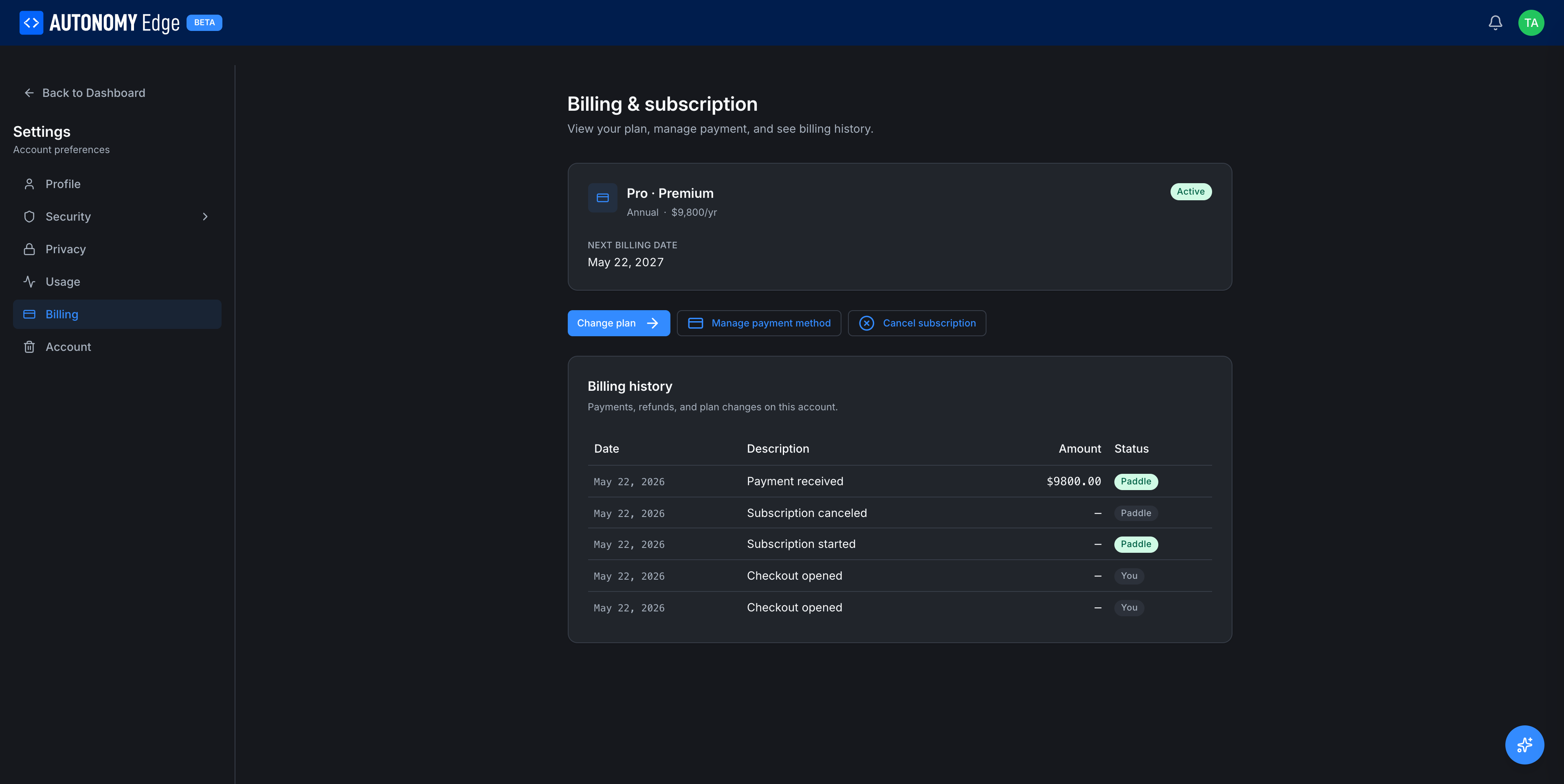 Settings → Billing, current plan and billing history