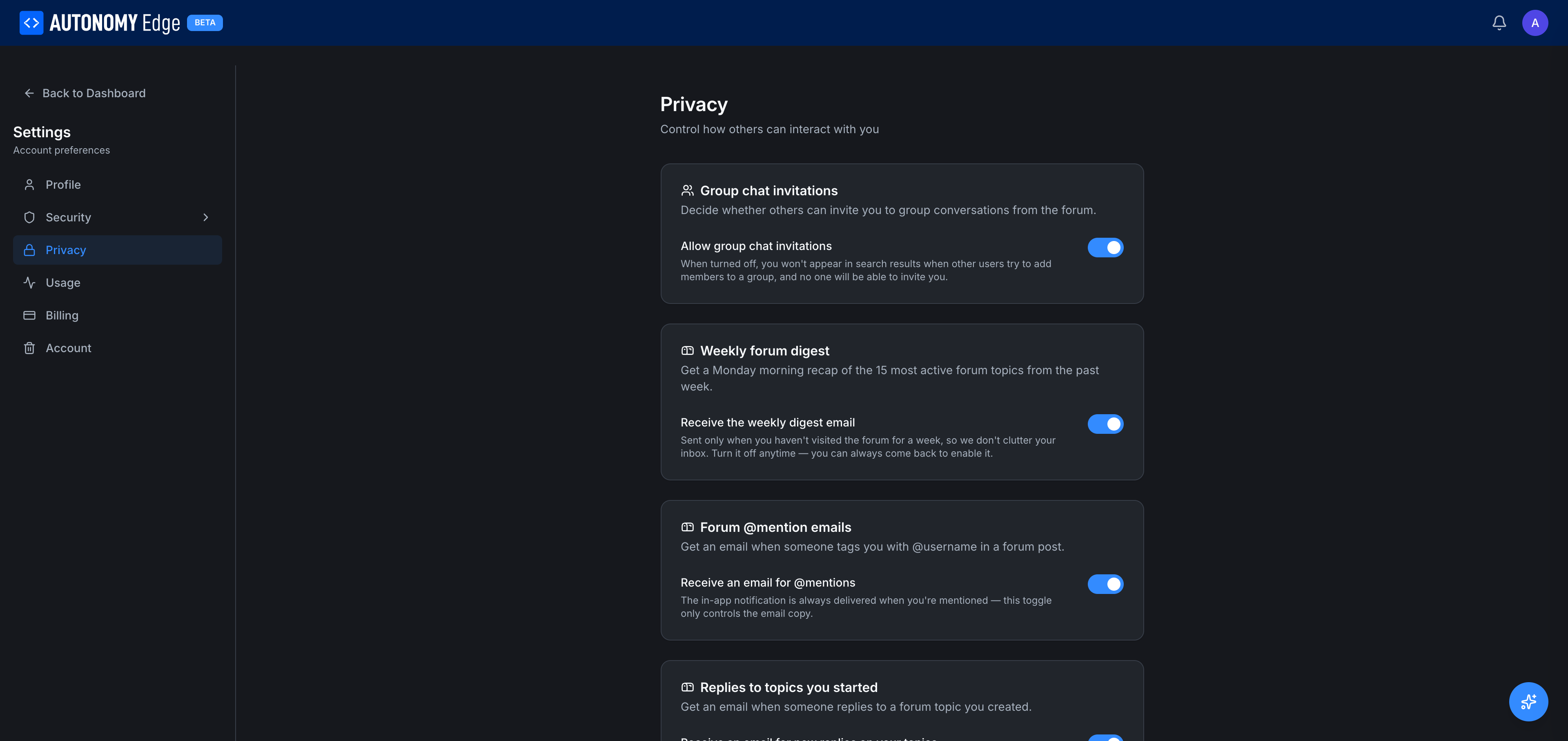 Settings → Privacy with several toggle cards