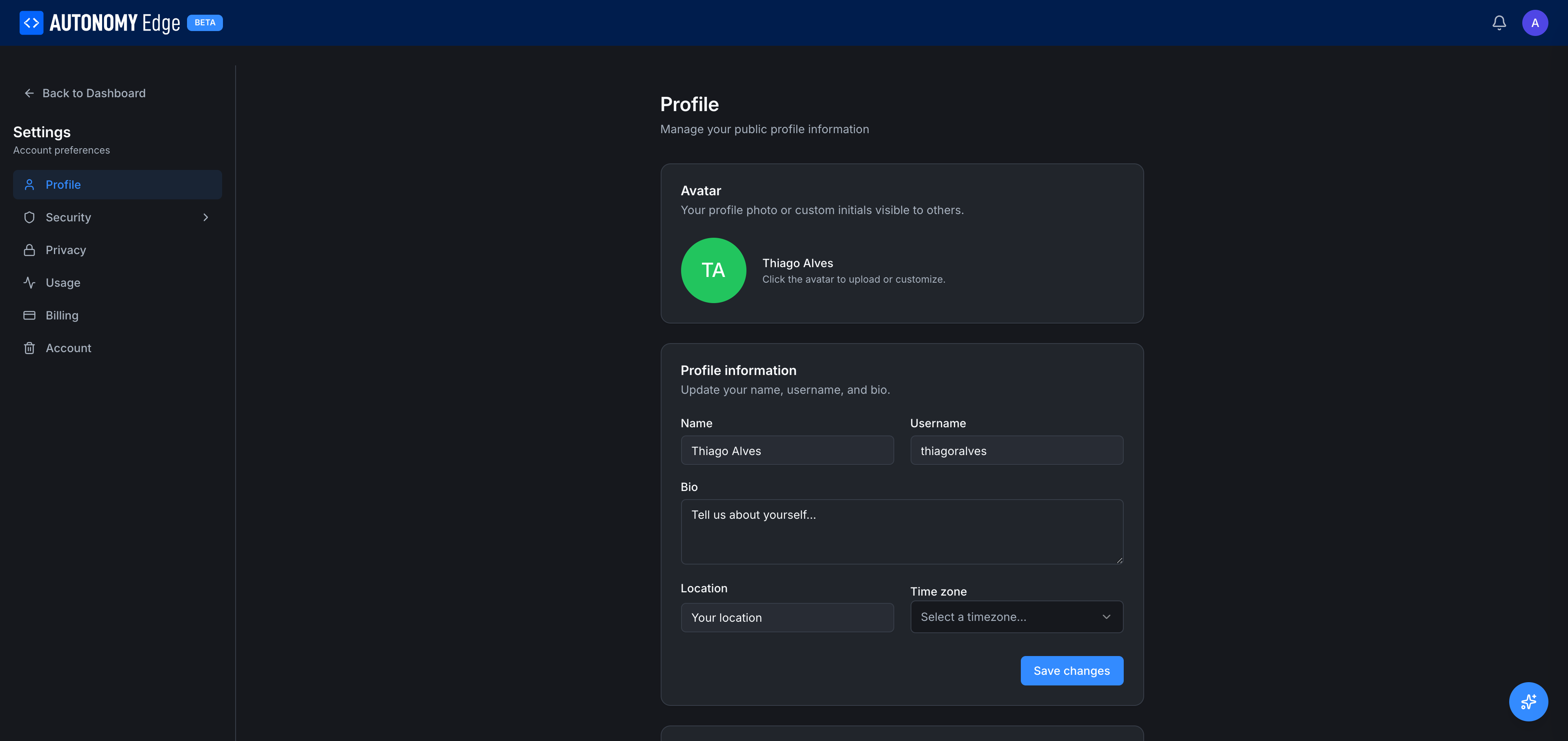 Settings → Profile tab