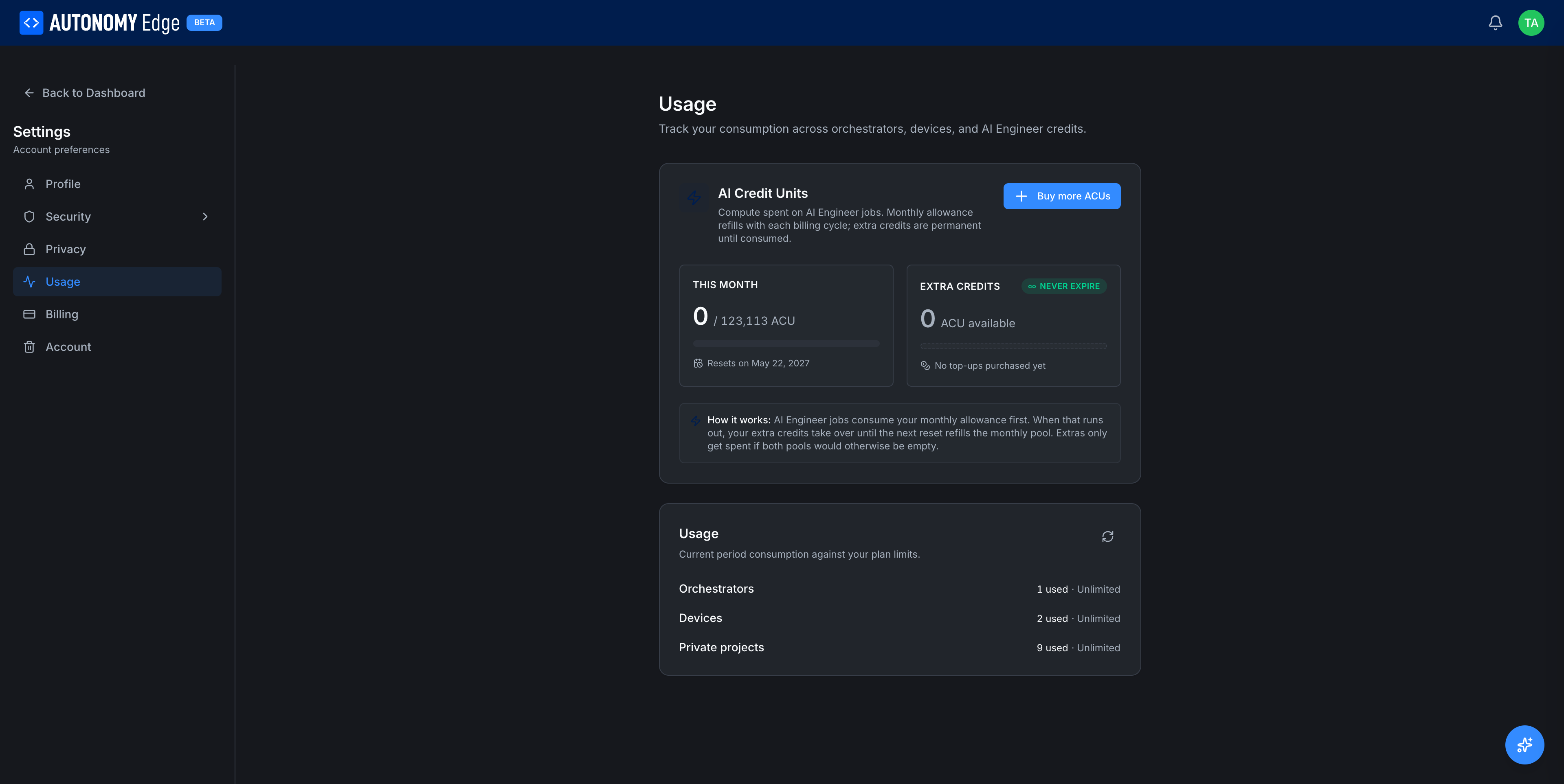 Settings → Usage, ACU balance and quotas