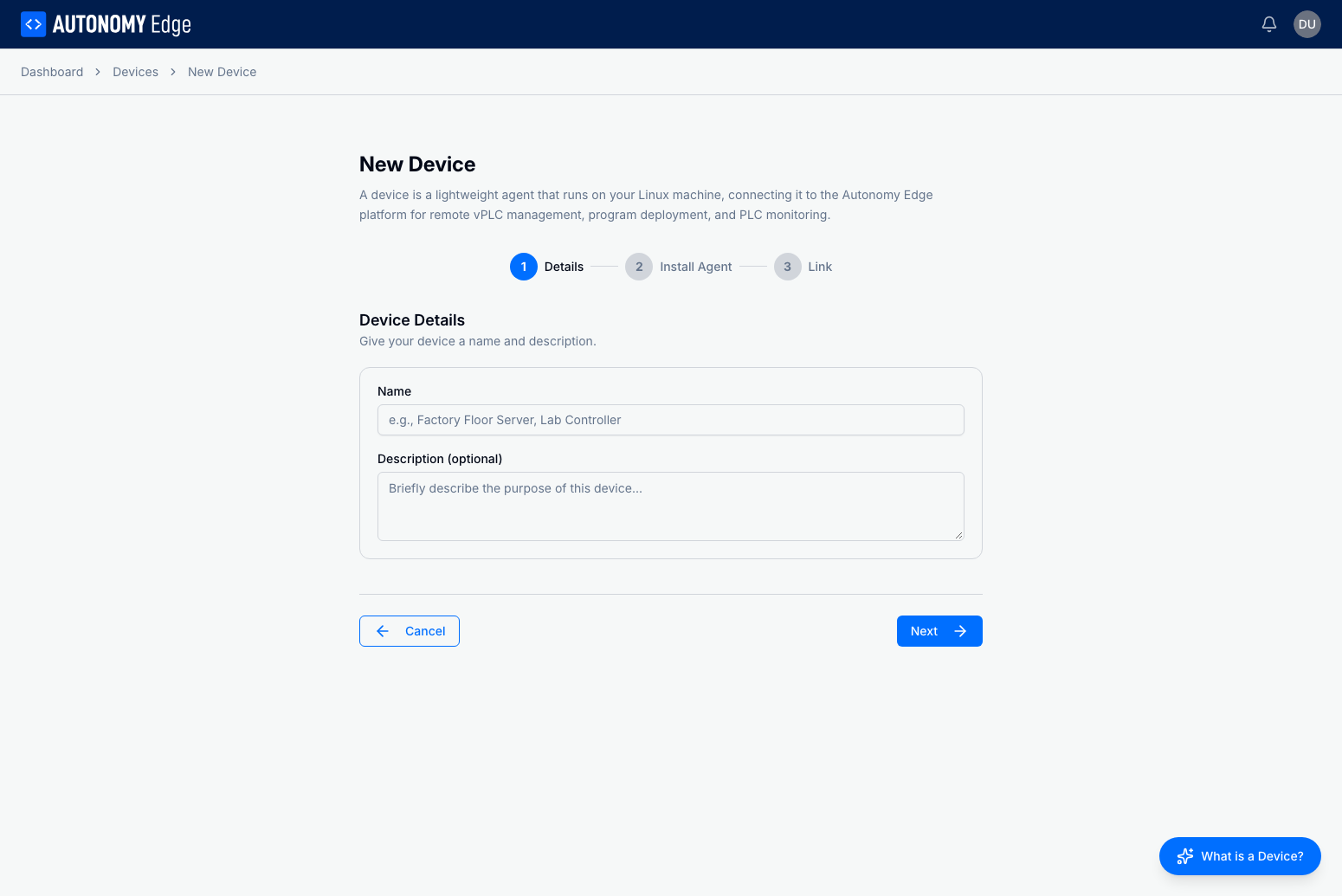 New Device wizard - Details step
