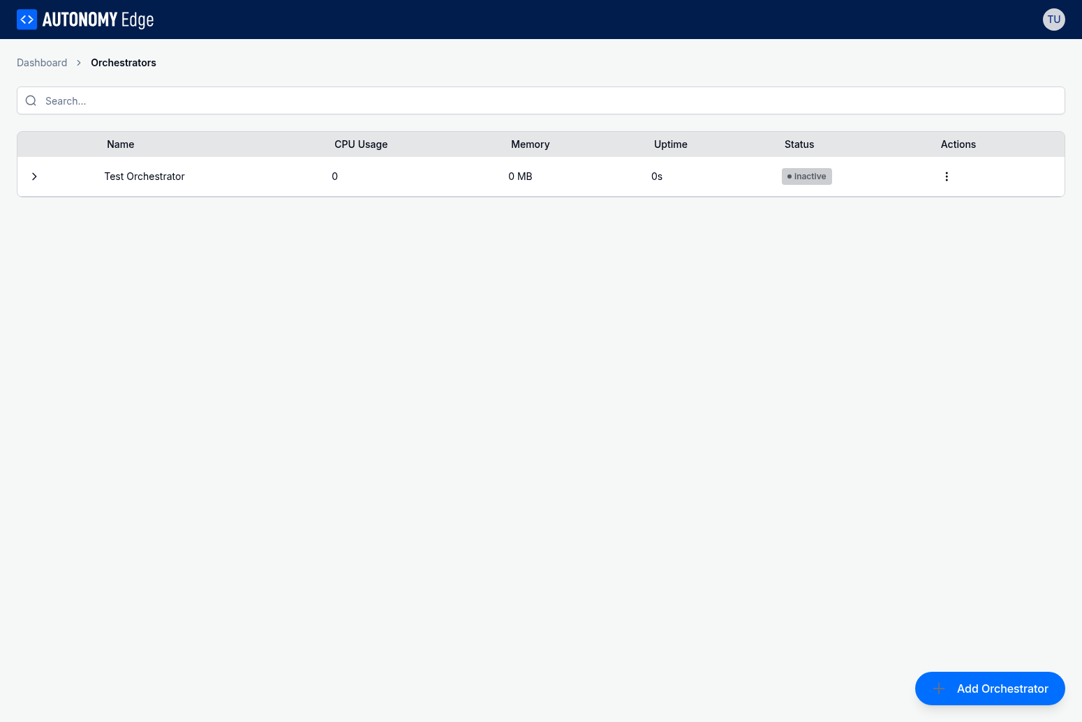 Orchestrators list showing connected orchestrator