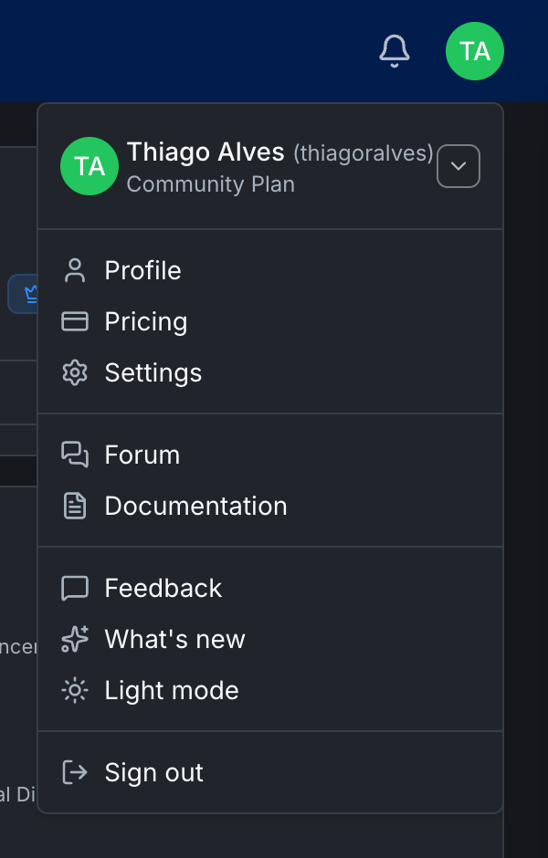 The user menu opened from the avatar in the top-right