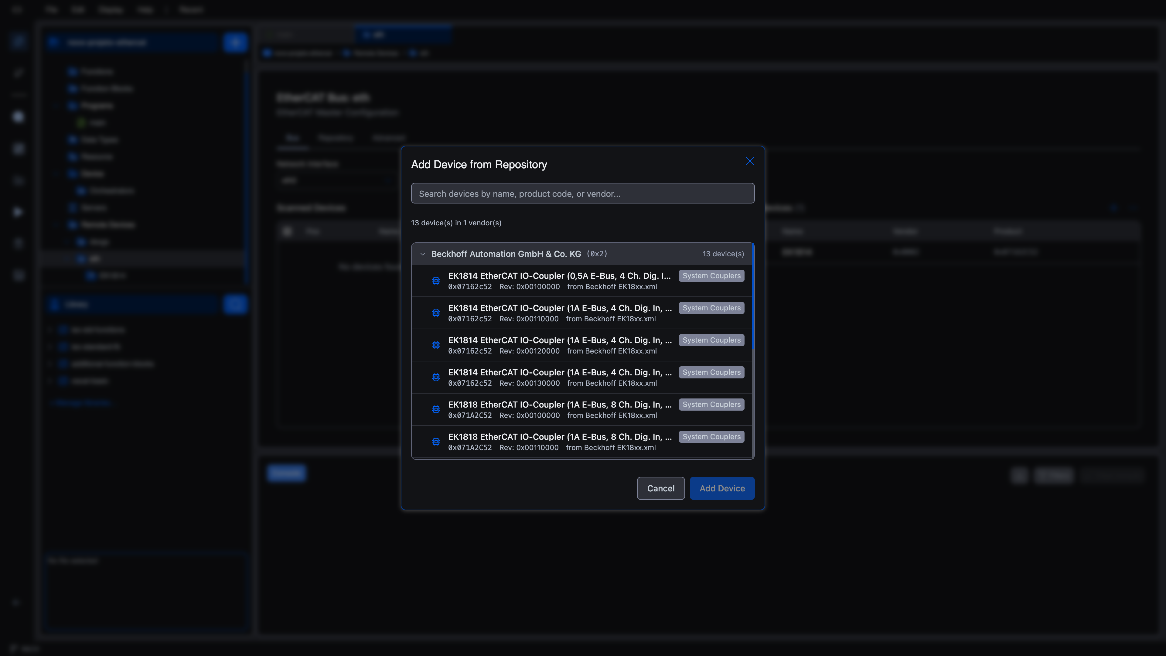 Modal with Beckhoff vendor expanded, listing EK1814 and EK1818 IO-Coupler variants with product code, revision, and source ESI file