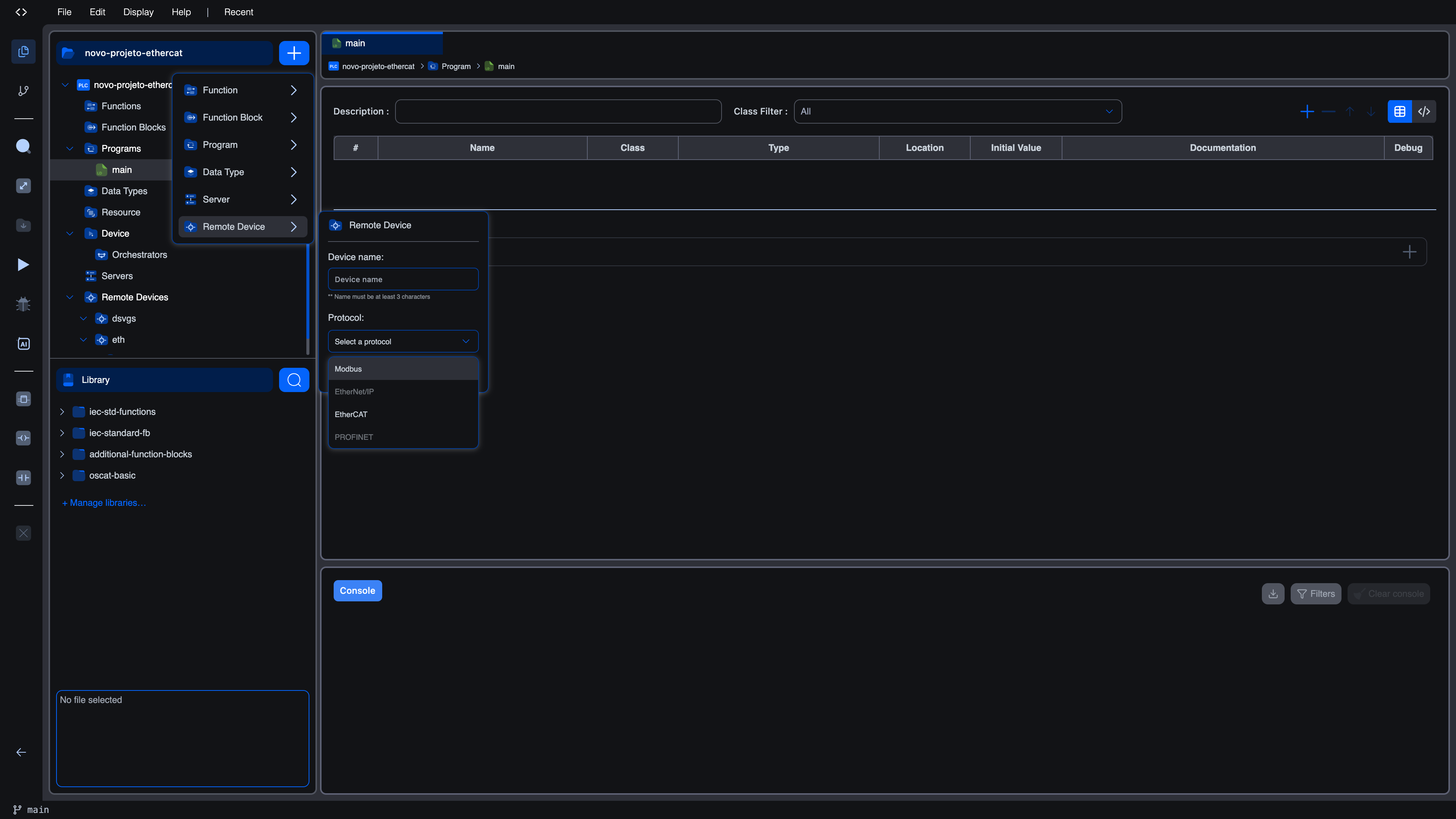 Protocol dropdown expanded showing Modbus, EtherNet/IP, EtherCAT, PROFINET