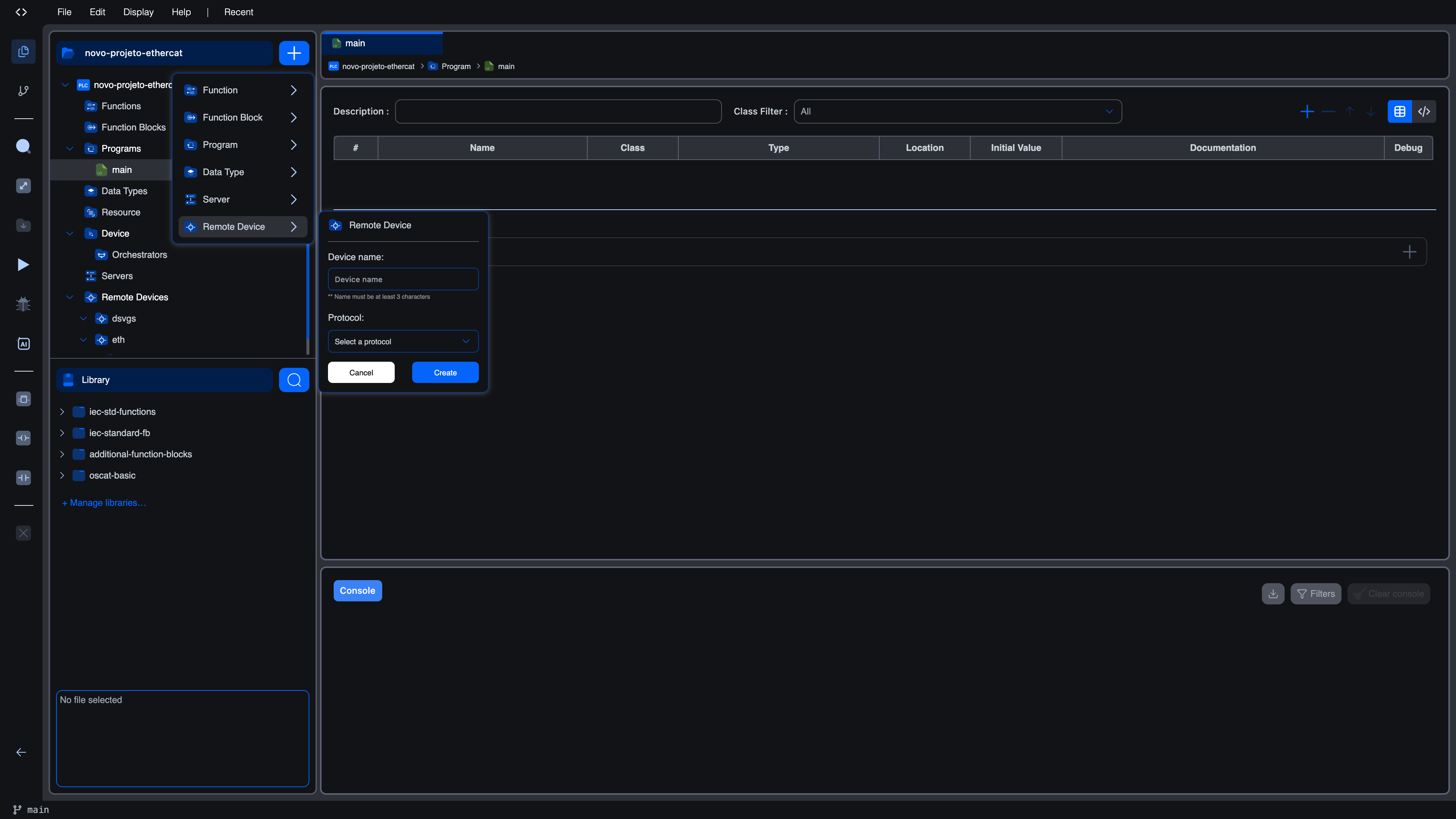 Add Remote Device dialog: Device name field plus Protocol dropdown defaulting to "Select a protocol", Cancel and Create buttons