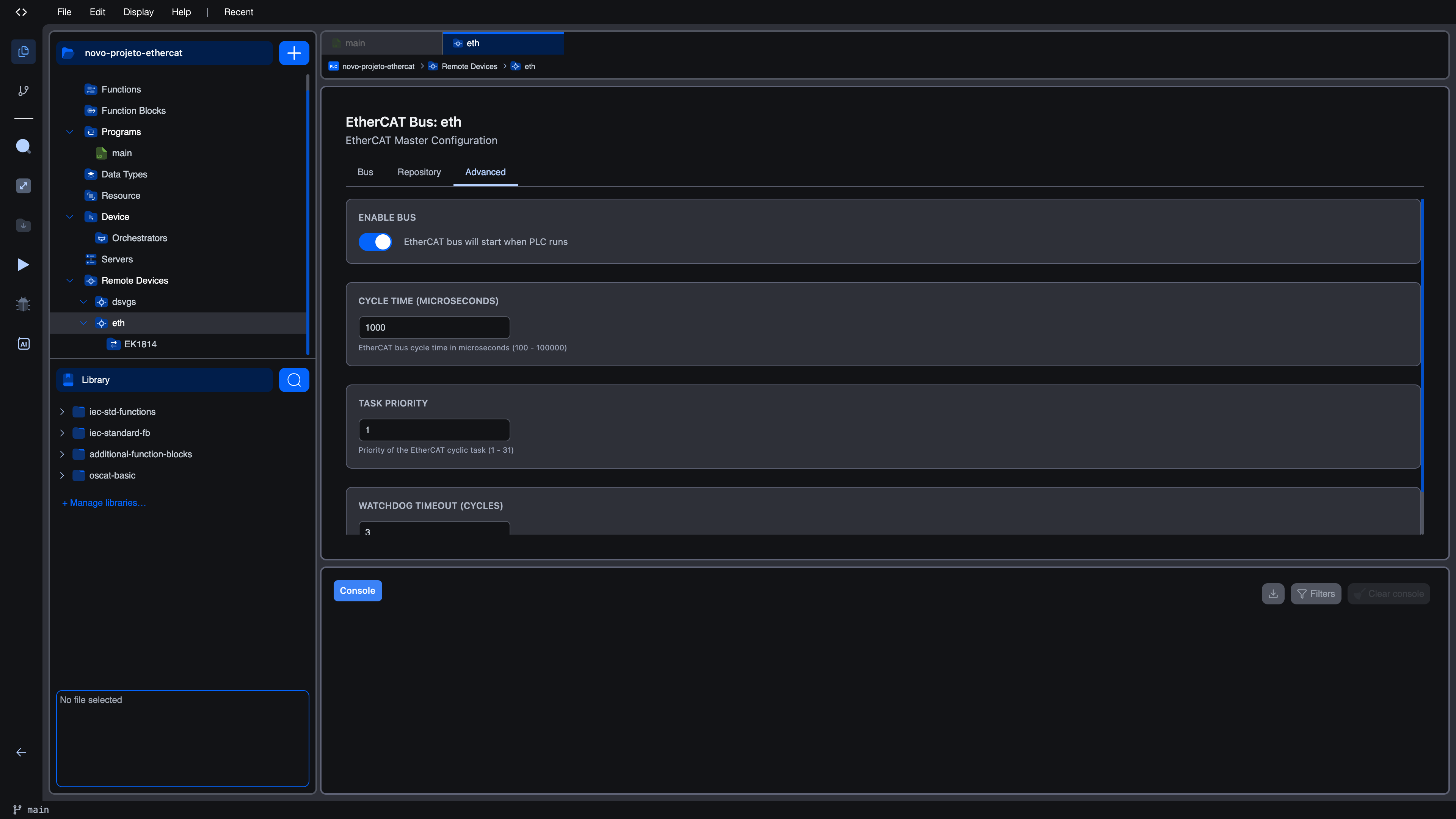 Advanced tab showing ENABLE BUS toggle (on), CYCLE TIME 1000 µs, TASK PRIORITY 1, and the start of the WATCHDOG TIMEOUT card