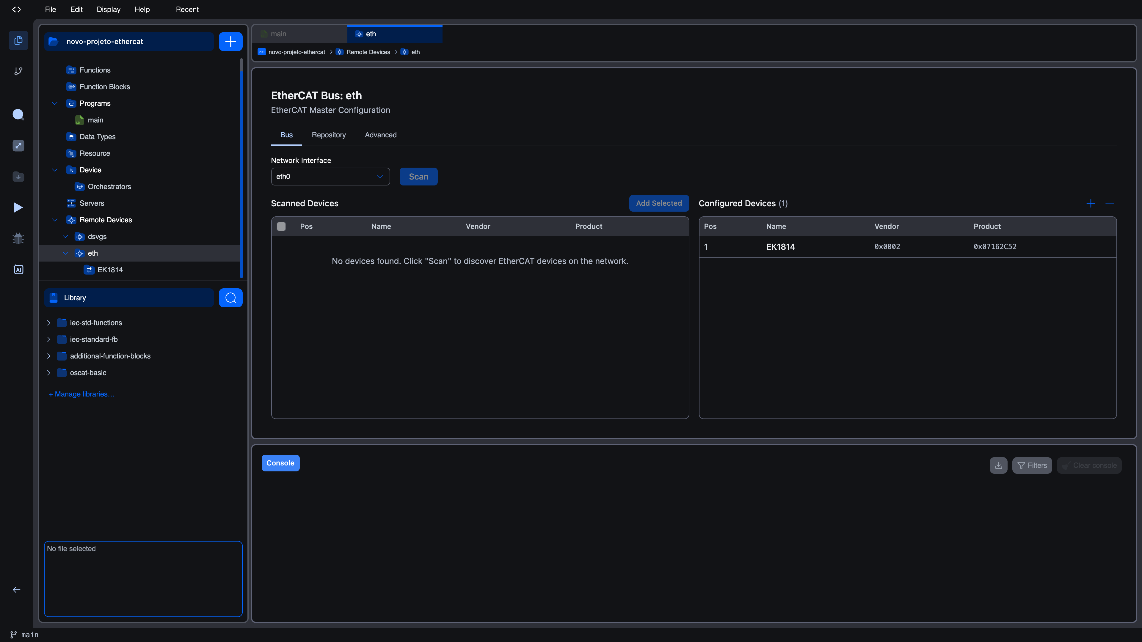 Bus tab of the EtherCAT Bus Editor showing the Network Interface dropdown set to eth0, Scan button, Scanned Devices panel on the left, and Configured Devices panel on the right with one EK1814 entry