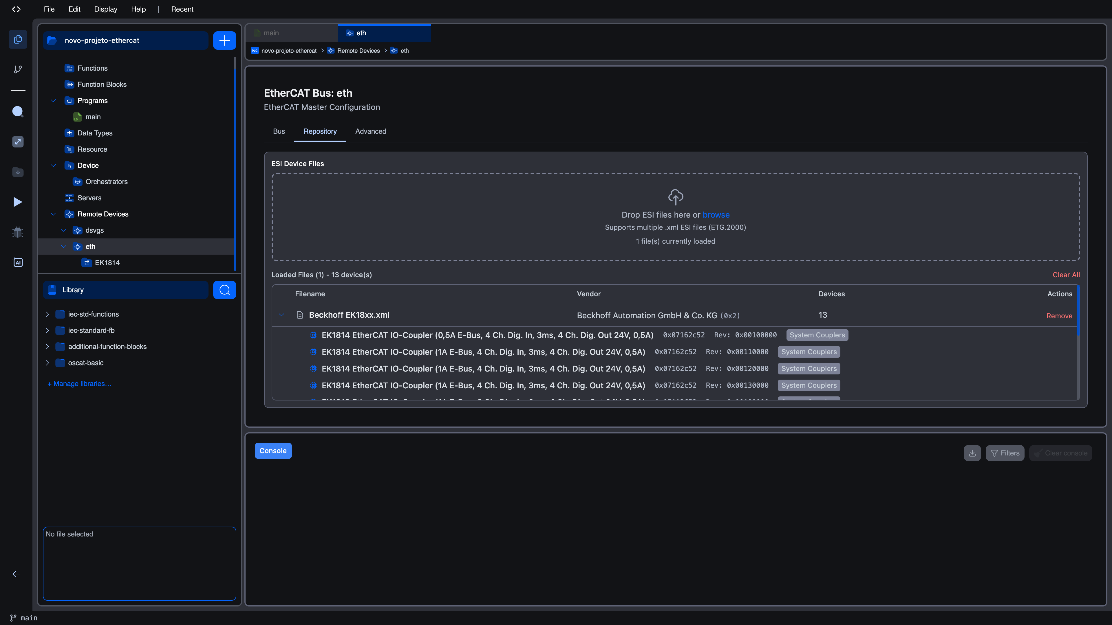Repository tab with the Beckhoff EK18xx.xml file row expanded, showing the EK1828-0010 IO-Coupler entry with its product code (0x07242C52), revision (Rev: 0x0011000A), and System Couplers group badge