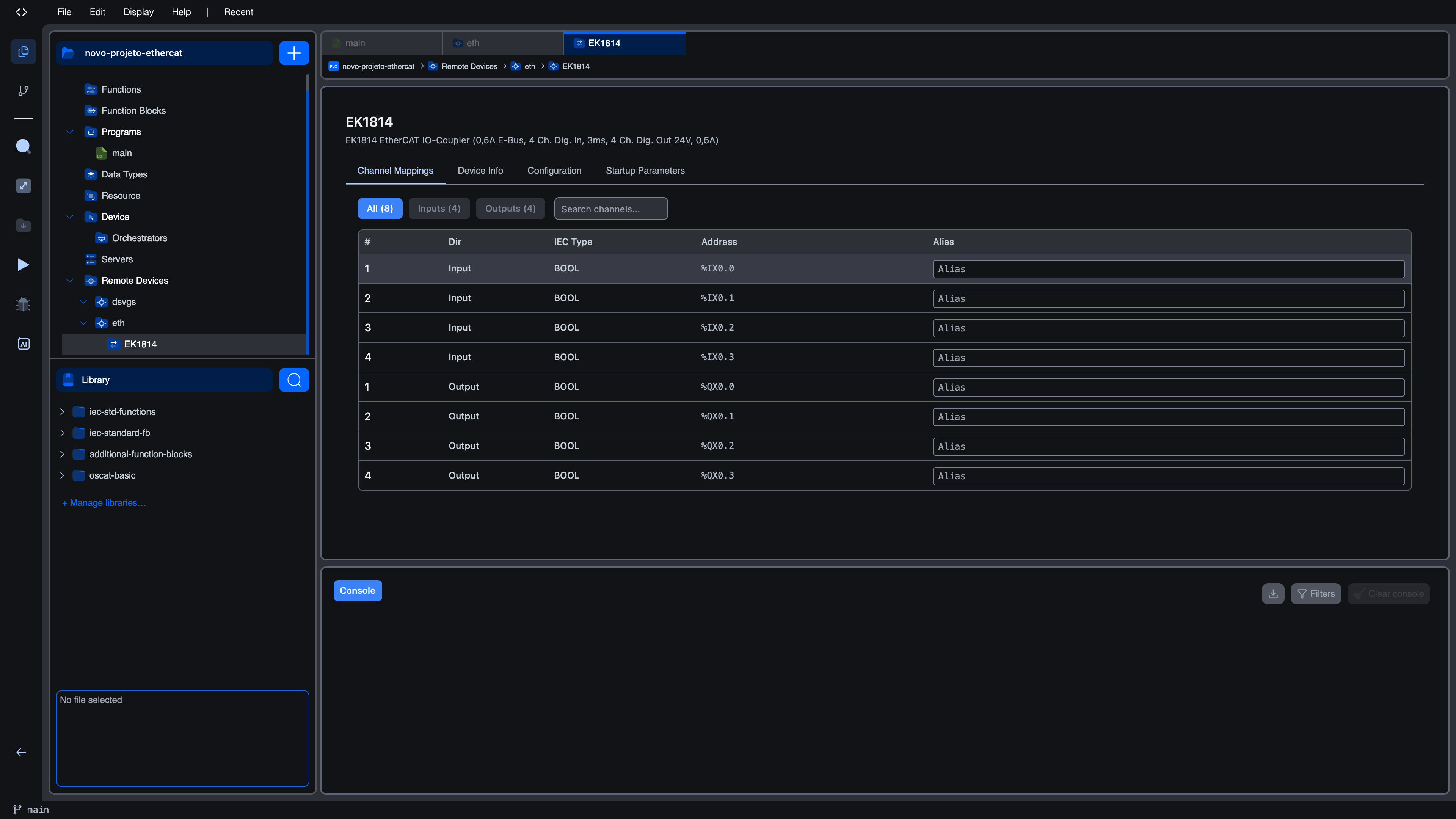 Channel Mappings tab for the EK1814 slave: All(8) Inputs(4) Outputs(4) filter pills, then a table with #, Dir, IEC Type, Address, Alias columns, showing 4 BOOL inputs at %IX0.0–%IX0.3 and 4 BOOL outputs at %QX0.0–%QX0.3