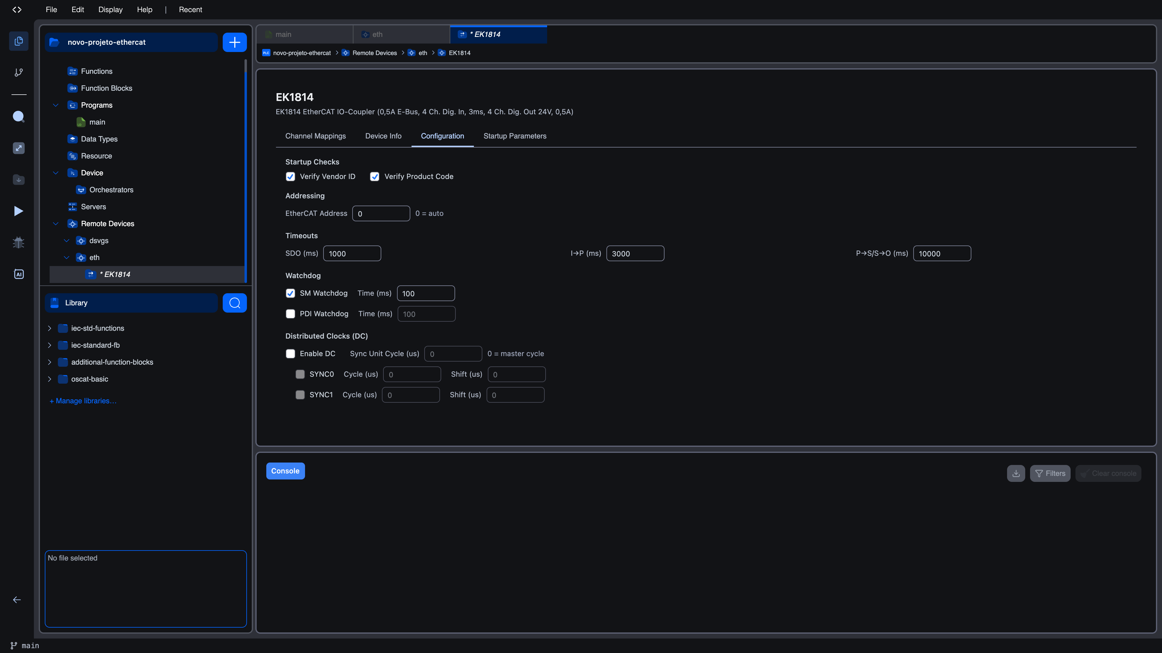 Configuration tab for EK1814: Startup Checks (Verify Vendor ID + Product Code, both ticked), Addressing (EtherCAT Address 0 = auto), Timeouts (SDO 1000 ms, I→P 3000 ms, P→S/S→O 10000 ms), Watchdog (SM Watchdog ticked at 100 ms, PDI Watchdog 100 ms), Distributed Clocks (Enable DC checkbox)