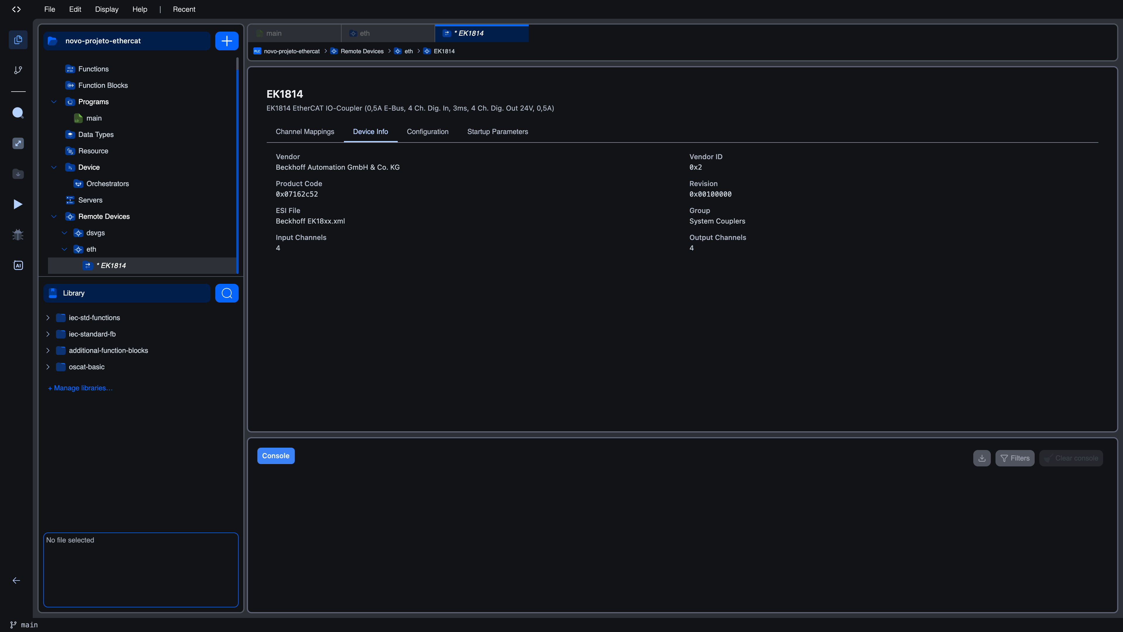 Device Info tab for EK1814: Vendor "Beckhoff Automation GmbH & Co. KG", Vendor ID 0x2, Product Code 0x07162c52, Revision 0x00100000, ESI File "Beckhoff EK18xx.xml", Group "System Couplers", Input Channels 4, Output Channels 4