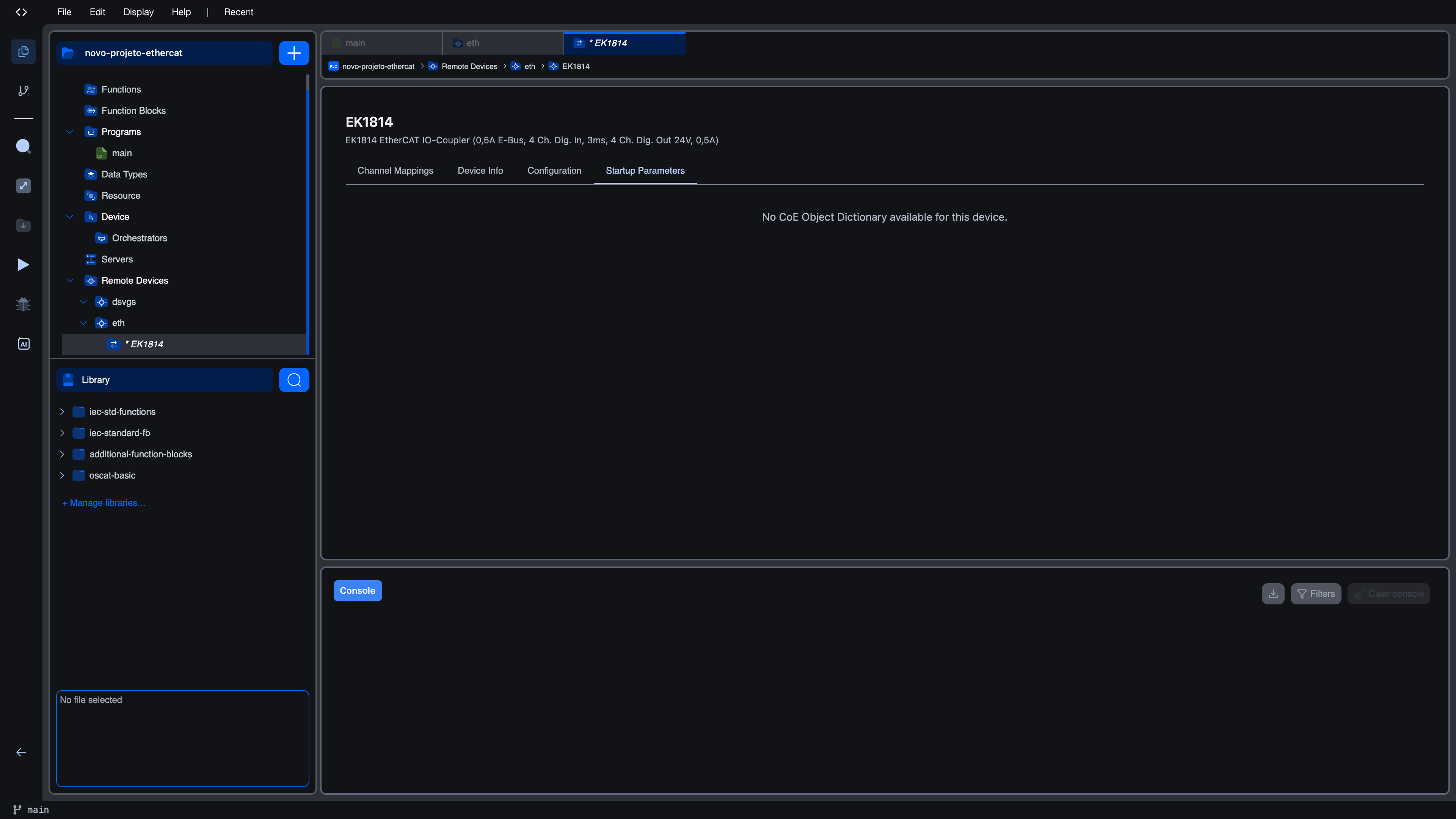 Startup Parameters tab for the EK1814 showing "No CoE Object Dictionary available for this device." since this terminal has no configurable parameters