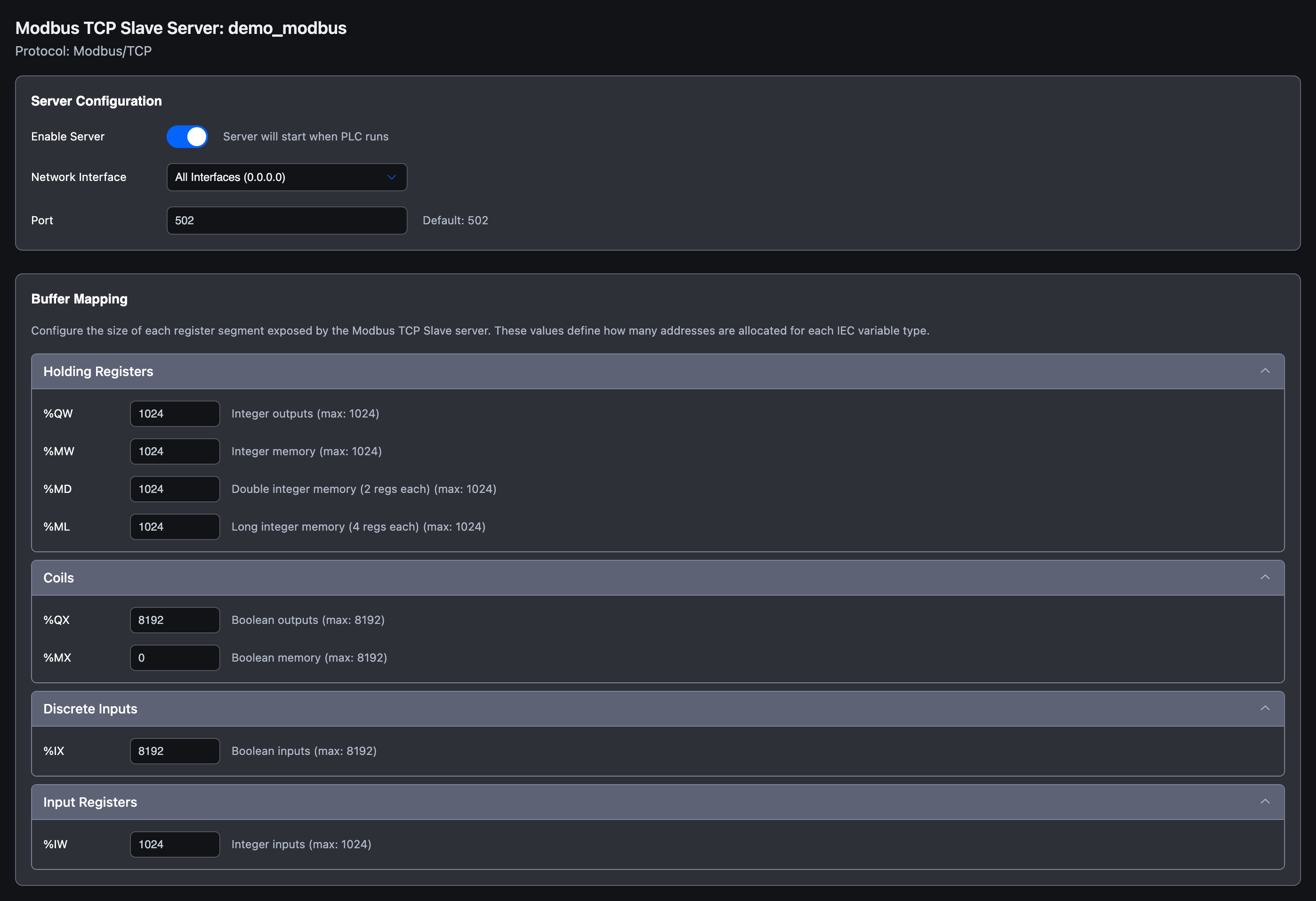 Full Modbus server form with all four buffer mapping accordions expanded: Holding Registers (showing %QW=1024, %MW=1024, %MD=1024, %ML=1024), Coils (showing %QX=8192, %MX=0), Discrete Inputs (showing %IX=8192), Input Registers (showing %IW=1024)