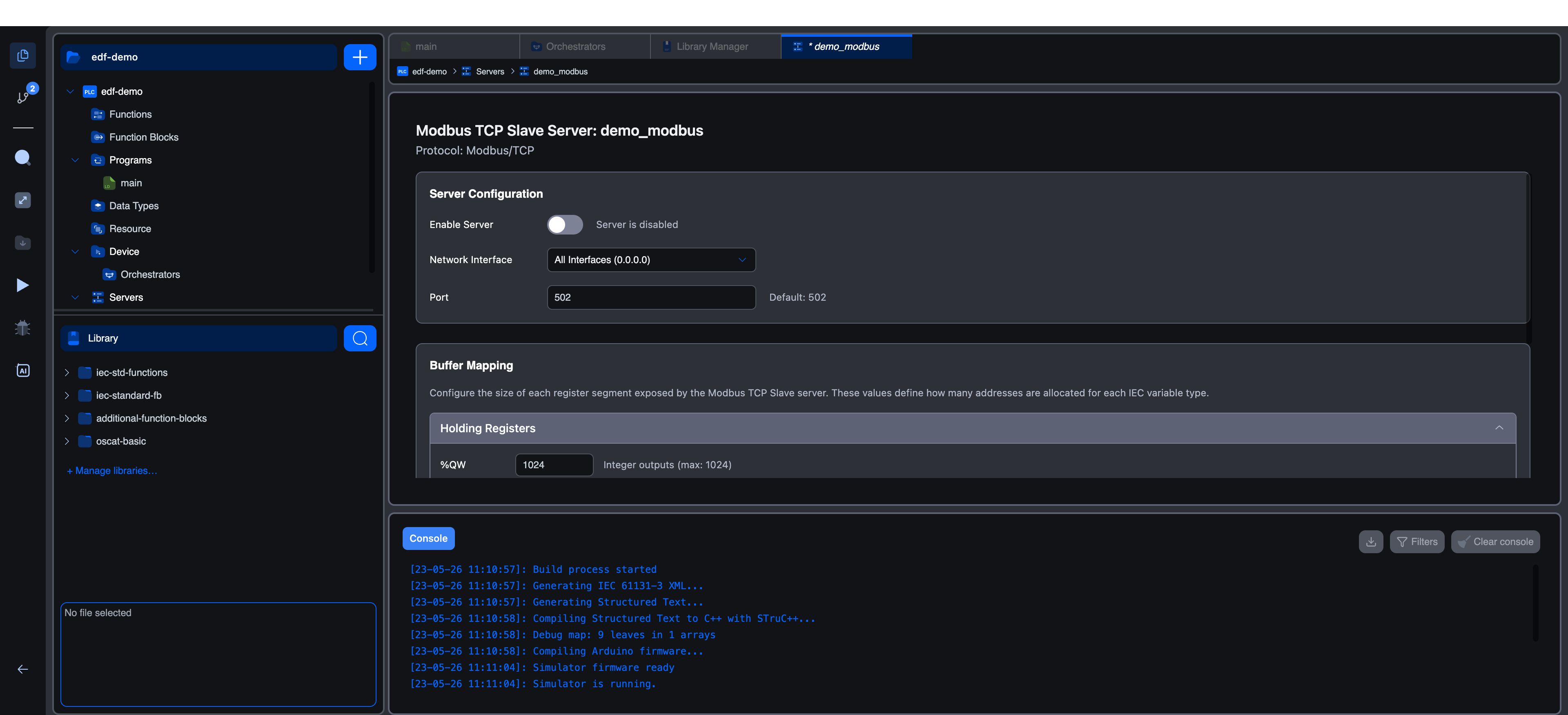 Newly created demo_modbus server showing Server Configuration section: Enable Server toggle, Network Interface dropdown set to All Interfaces (0.0.0.0), Port 502, plus Buffer Mapping section header below