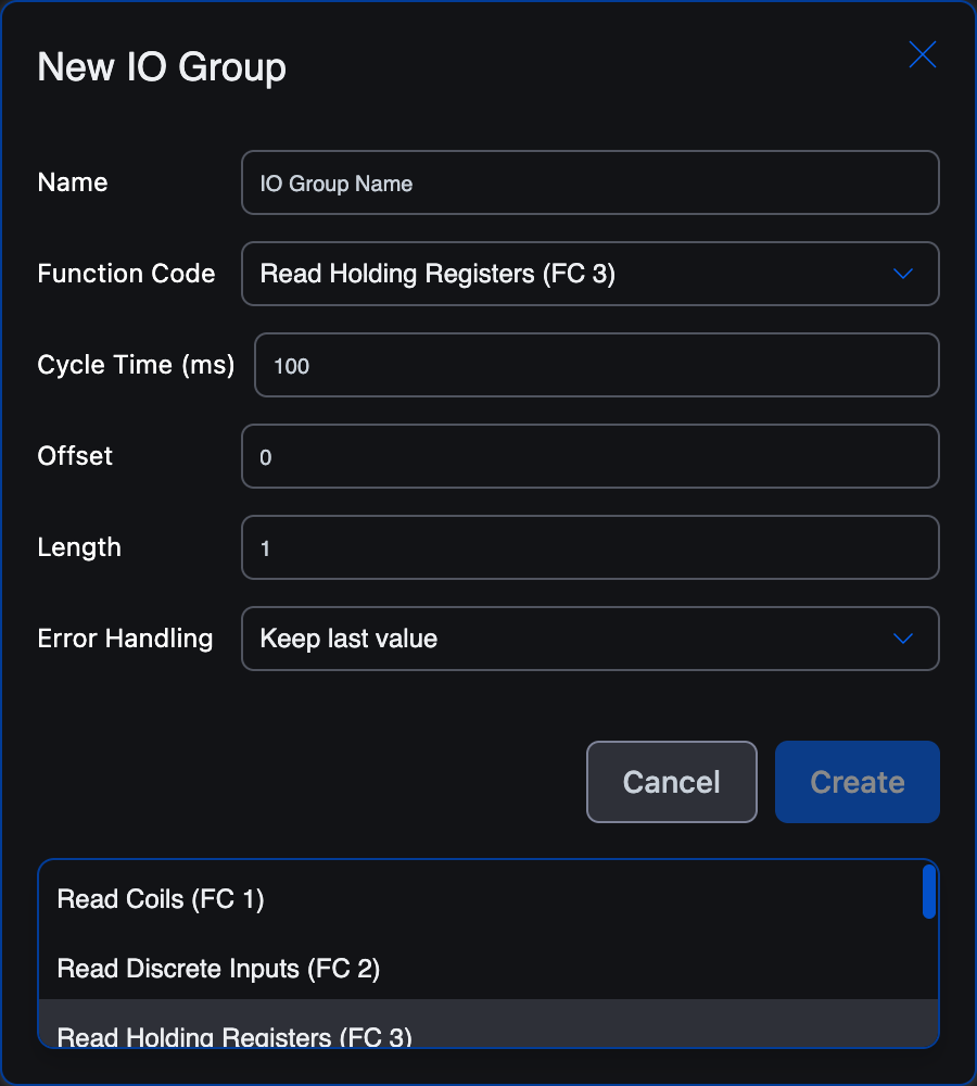 Function Code dropdown expanded: Read Coils (FC 1), Read Discrete Inputs (FC 2), Read Holding Registers (FC 3) (highlighted), Read Input Registers (FC 4), Write Single Coil (FC 5), Write Single Register (FC 6)