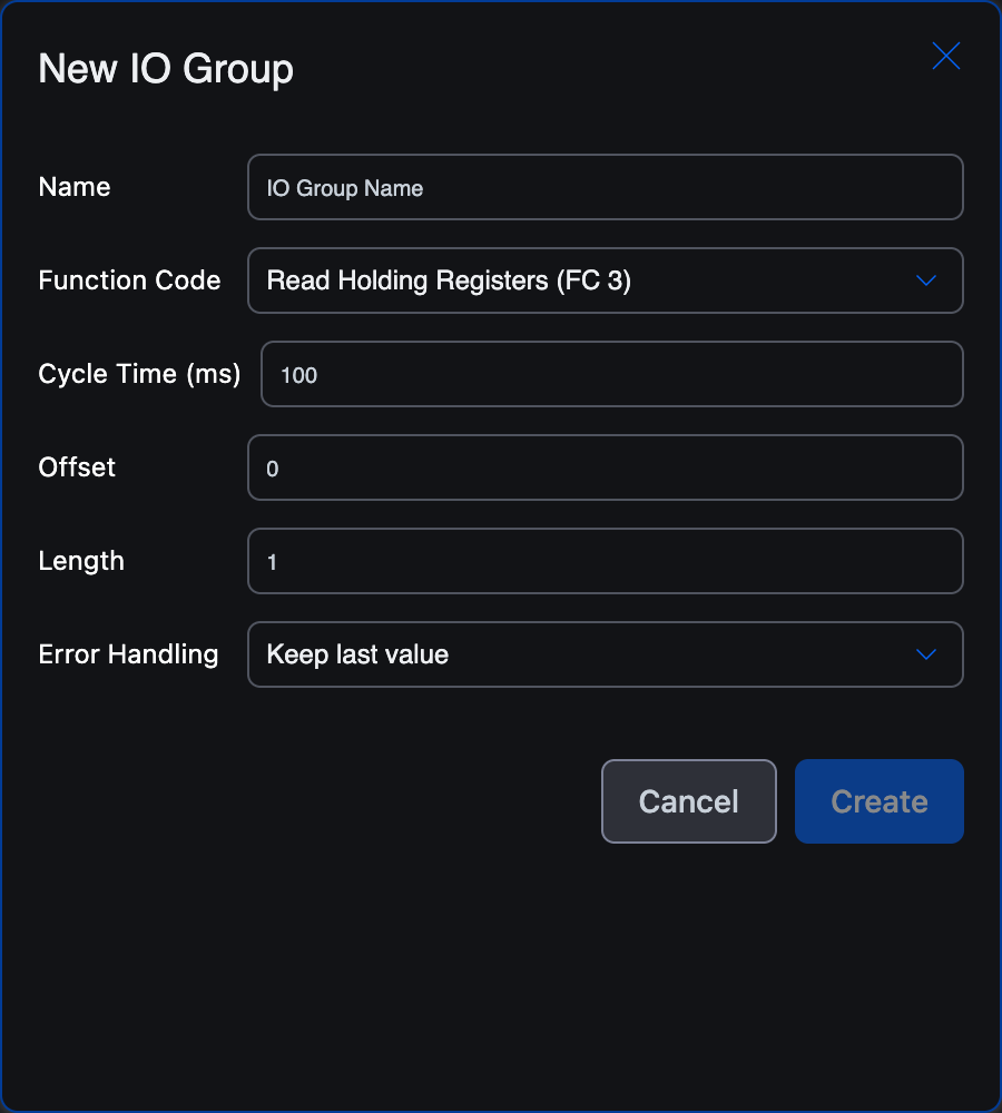 New IO Group modal: Name (empty), Function Code (Read Holding Registers FC 3 default), Cycle Time 100 ms, Offset 0, Length 1, Error Handling: Keep last value