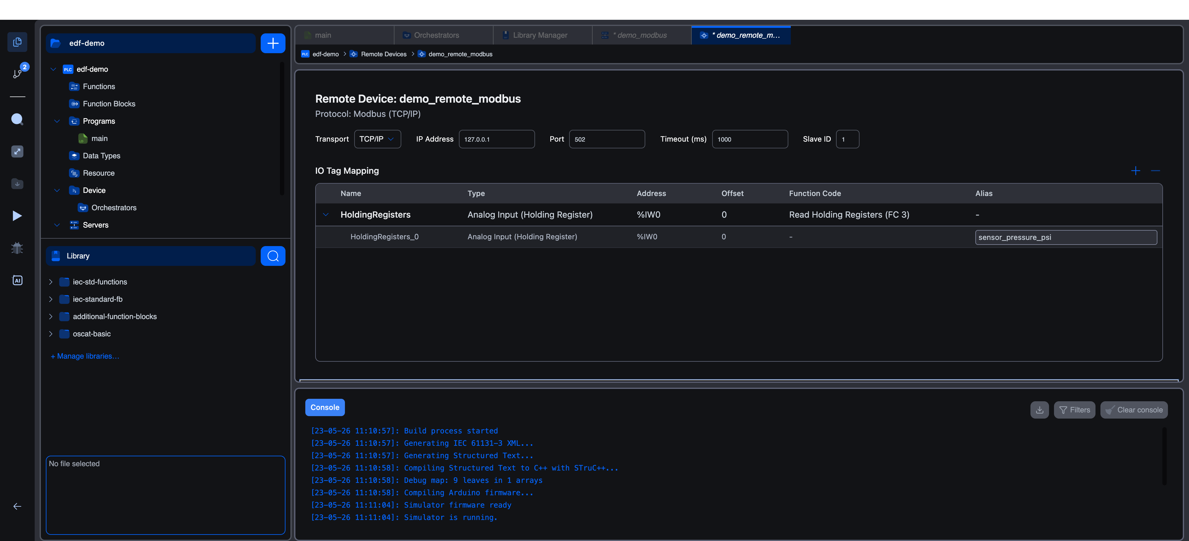 The expanded IO group with an alias filled in: HoldingRegisters_0 now has alias "sensor_pressure_psi"