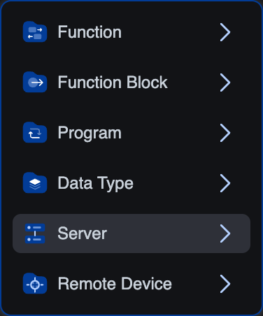Server creation dialog with Protocol dropdown open showing Modbus/TCP (highlighted), Siemens S7comm, OPC-UA, and EtherNet/IP (greyed out as not yet supported)