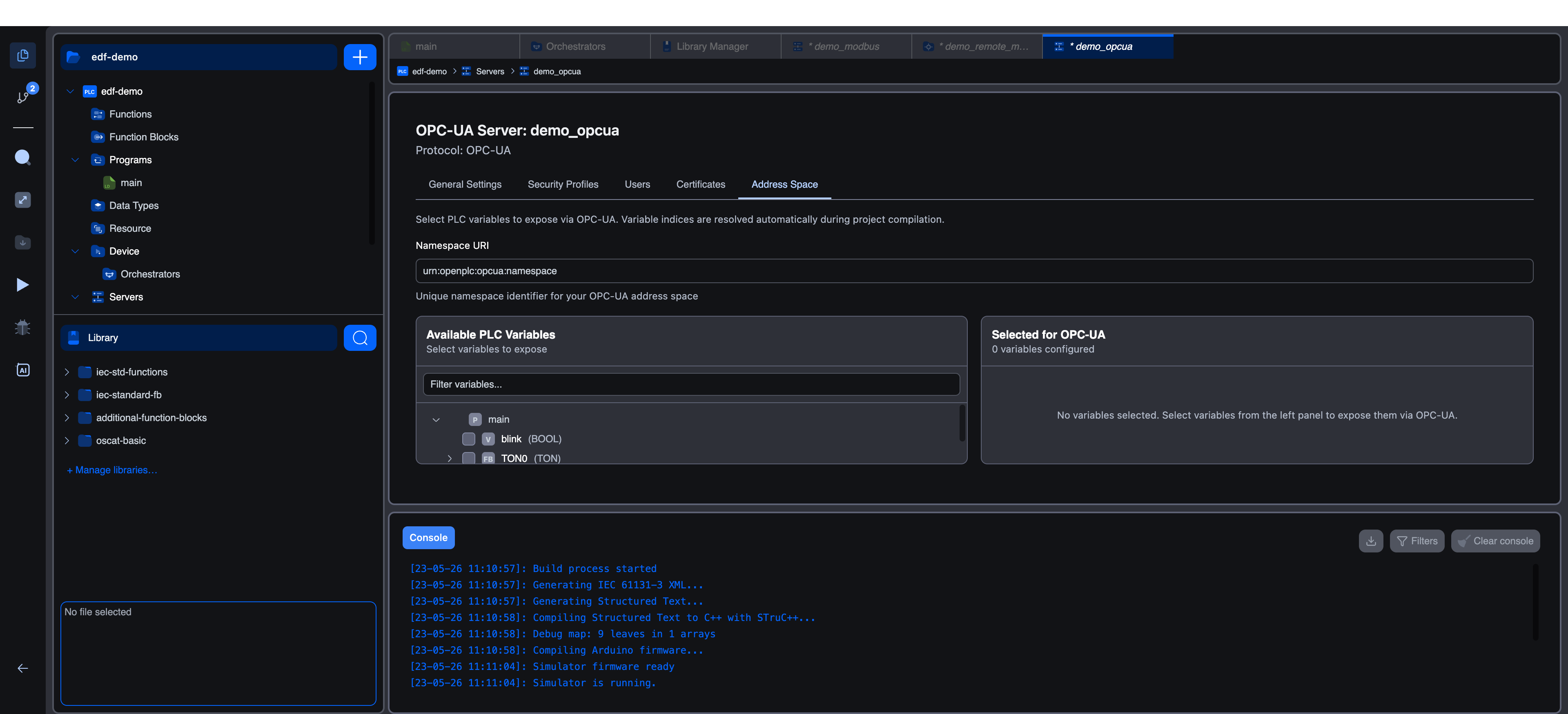 OPC-UA Server Address Space tab: description, Namespace URI field, and a two-pane layout, left pane "Available PLC Variables" shows the project tree with main/blink (BOOL) and main/TON0 (TON), right pane "Selected for OPC-UA" shows "0 variables configured" / "No variables selected"