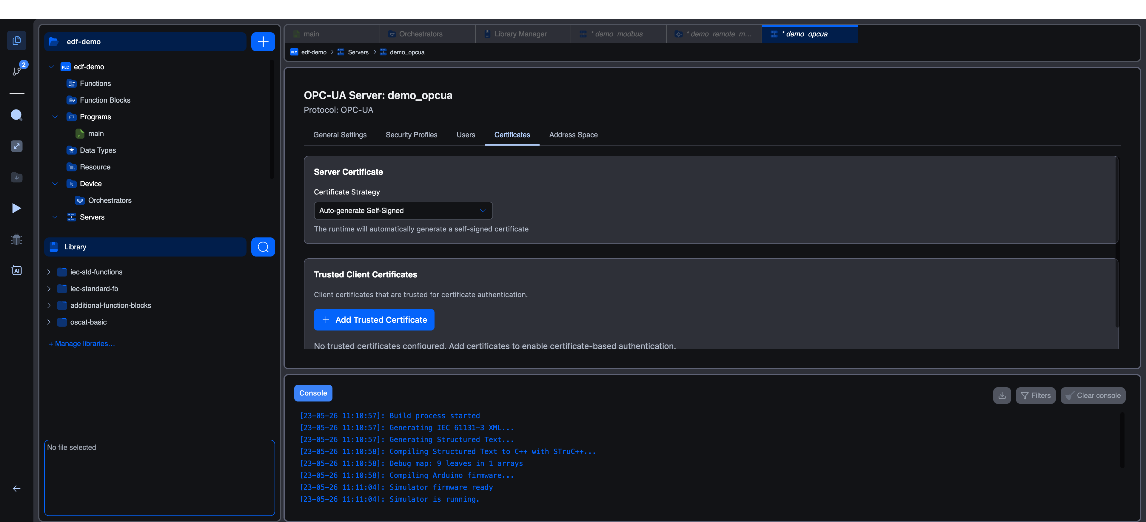 OPC-UA Server Certificates tab showing Server Certificate section (Certificate Strategy dropdown set to Auto-generate Self-Signed) and Trusted Client Certificates section (Add Trusted Certificate button, "No trusted certificates configured" empty state)