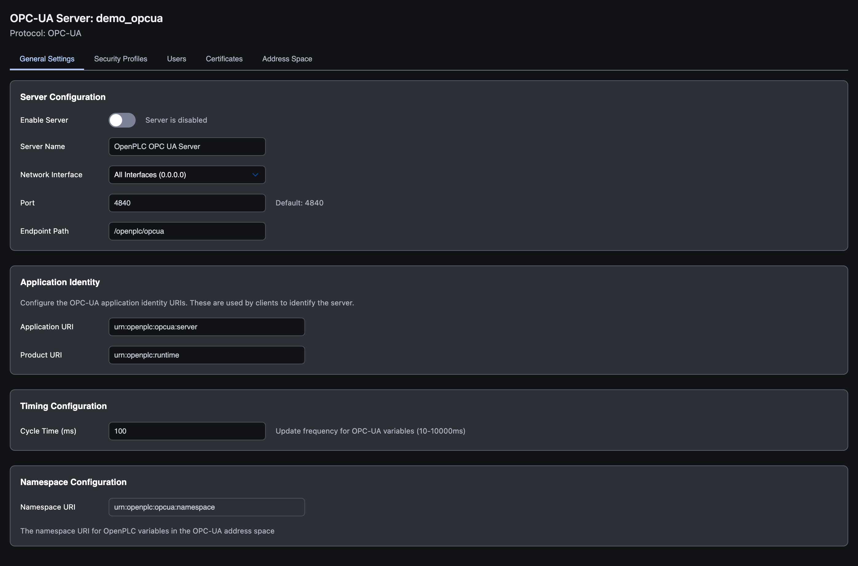 OPC-UA Server General Settings tab showing all four sections: Server Configuration (Enable, Name, Network Interface, Port 4840, Endpoint Path /openplc/opcua), Application Identity (Application URI urn:openplc:opcua:server, Product URI urn:openplc:runtime), Timing Configuration (Cycle Time 100 ms), Namespace Configuration (Namespace URI urn:openplc:opcua:namespace)