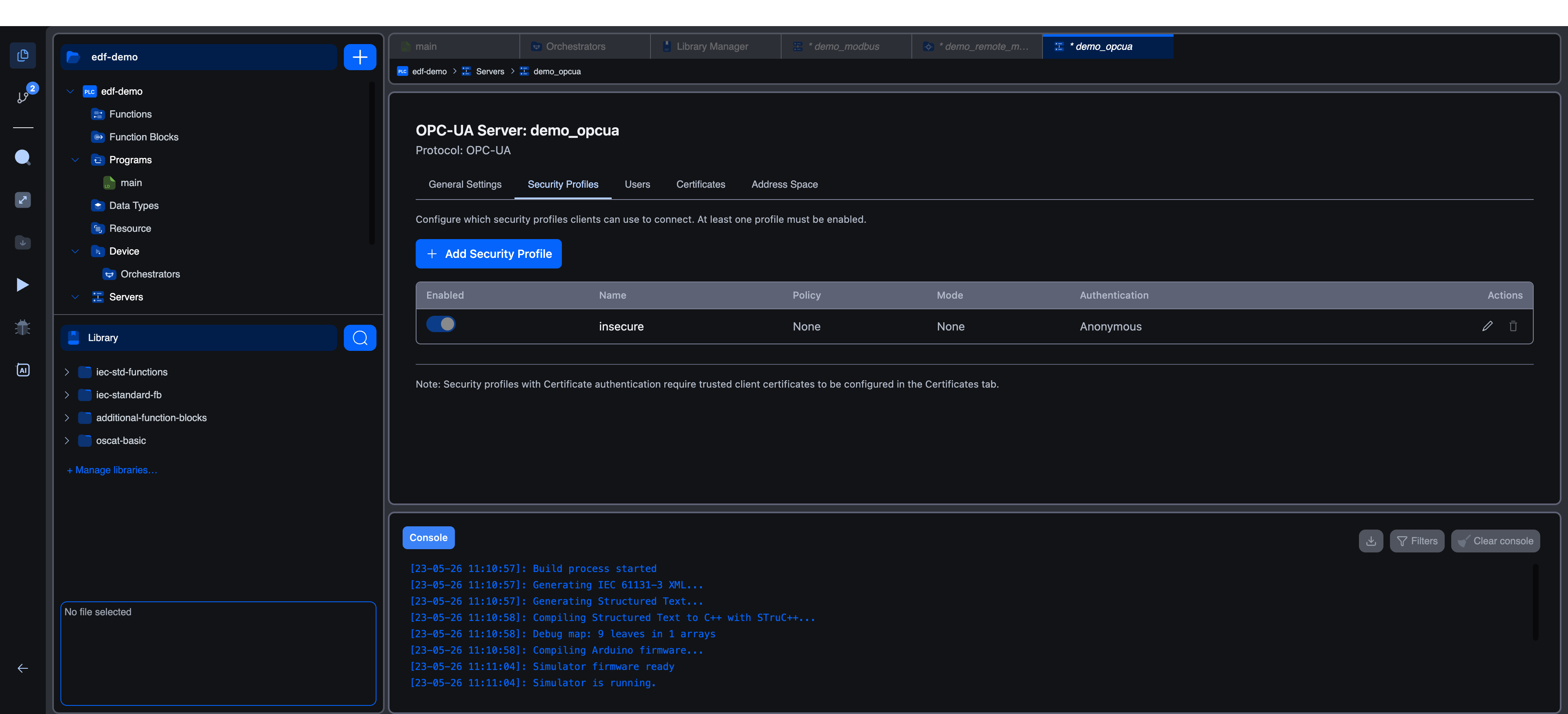 OPC-UA Server Security Profiles tab: description, Add Security Profile button, and a table with one default "insecure" profile (Policy: None, Mode: None, Authentication: Anonymous), plus a note about certificate-authentication requirements