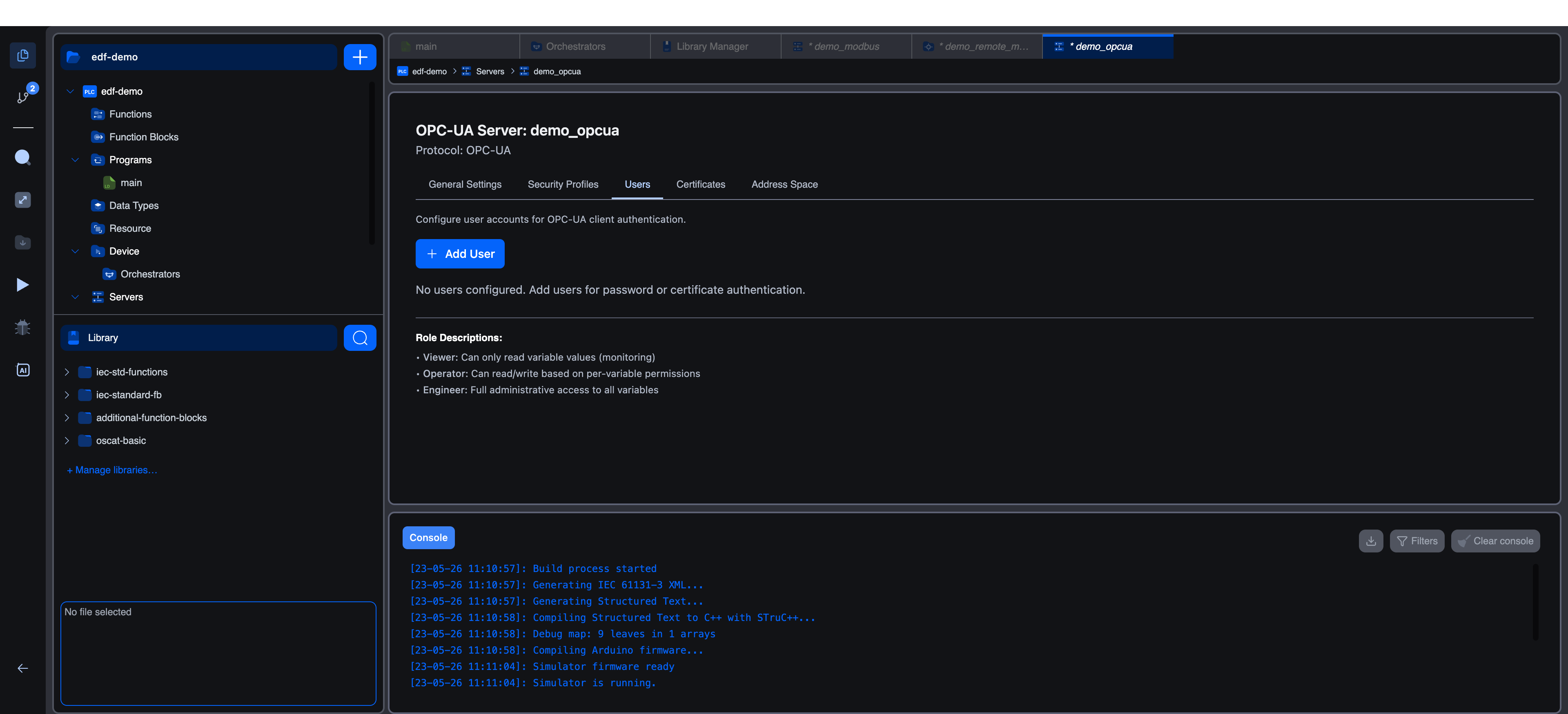 OPC-UA Server Users tab: description, Add User button, an empty-state message ("No users configured. Add users for password or certificate authentication"), and Role Descriptions for Viewer / Operator / Engineer