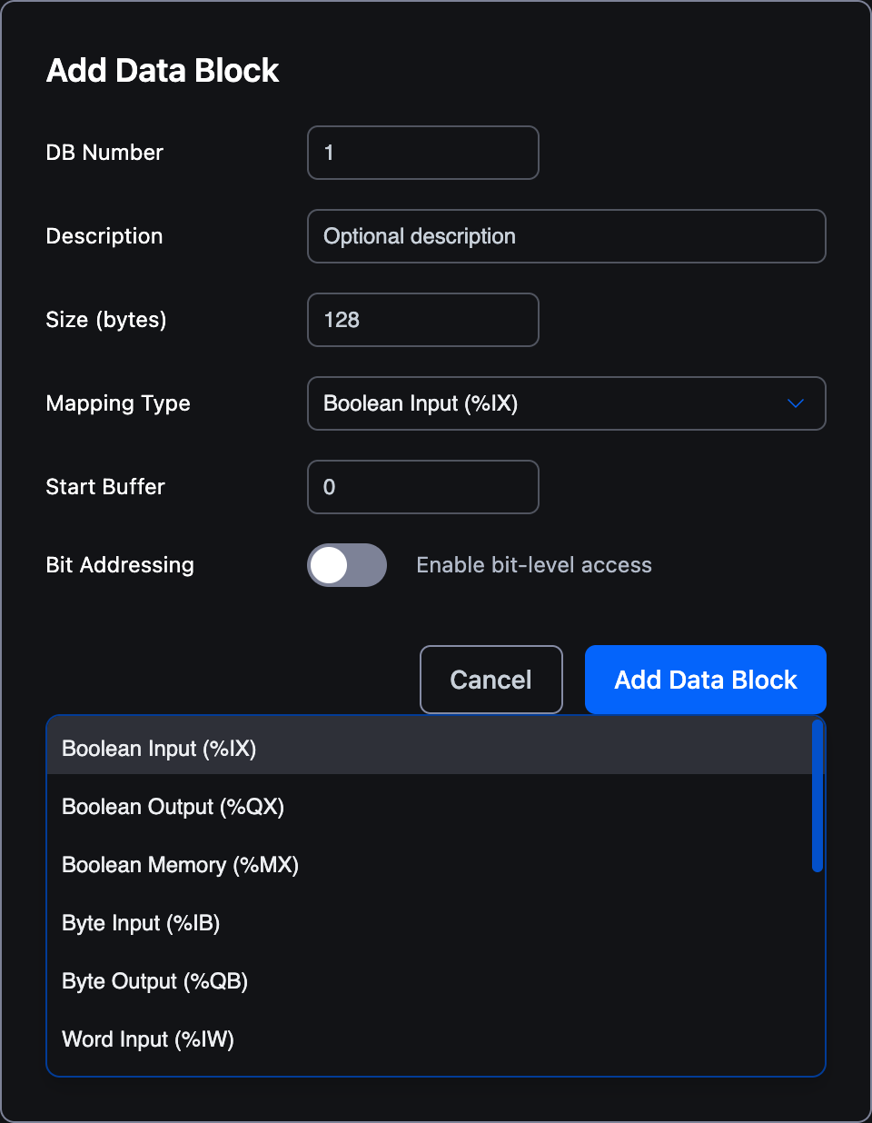 Add Data Block dialog with the Mapping Type dropdown open showing the first six options: Boolean Input (%IX), Boolean Output (%QX), Boolean Memory (%MX), Byte Input (%IB), Byte Output (%QB), Word Input (%IW)