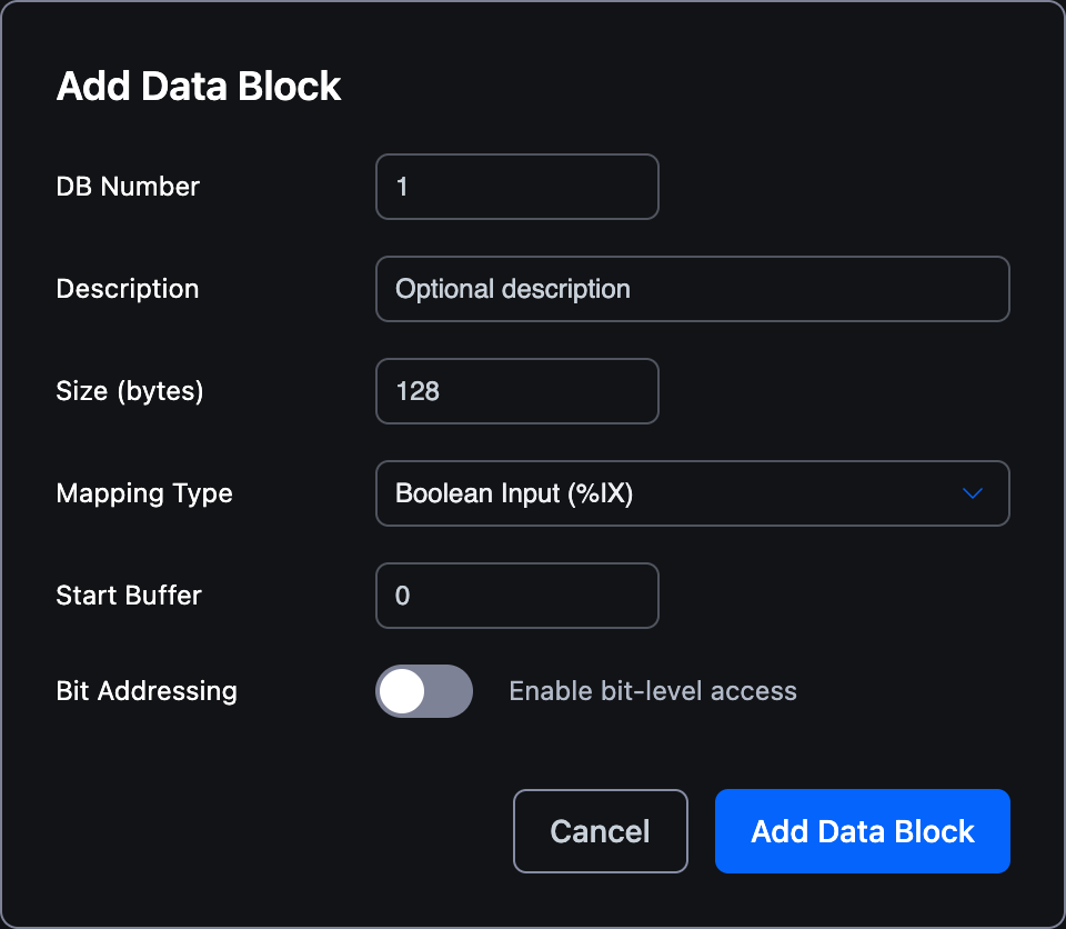 Add Data Block modal: DB Number 1, Description (Optional description), Size (bytes) 128, Mapping Type dropdown defaulting to Boolean Input (%IX), Start Buffer 0, Bit Addressing toggle, Cancel / Add Data Block buttons