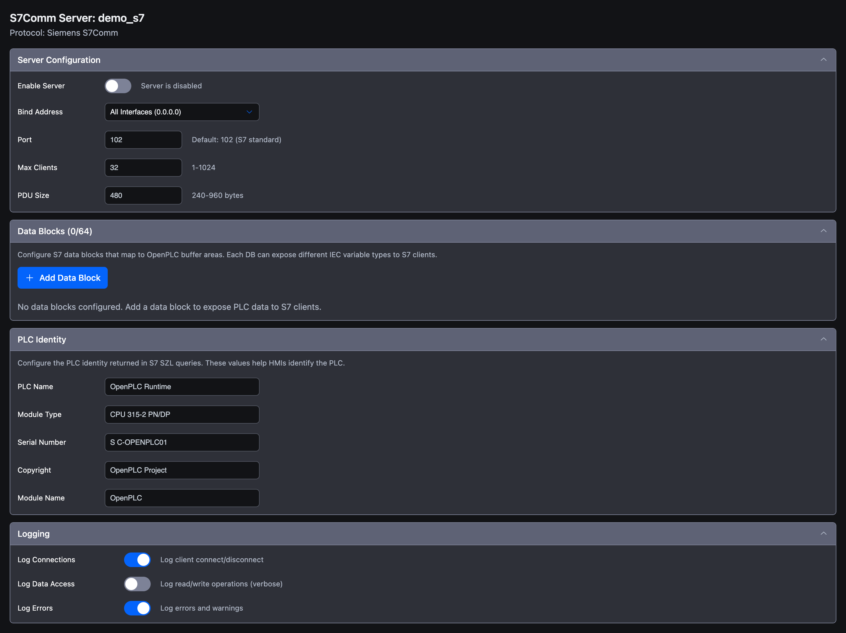 S7Comm server with all sections expanded: Server Configuration (Enable Server off, Bind Address All Interfaces, Port 102, Max Clients 32, PDU Size 480), Data Blocks (0/64) with Add Data Block button, PLC Identity (PLC Name, Module Type CPU 315-2 PN/DP, Serial Number, Copyright, Module Name), Logging (Log Connections on, Log Data Access off, Log Errors on)