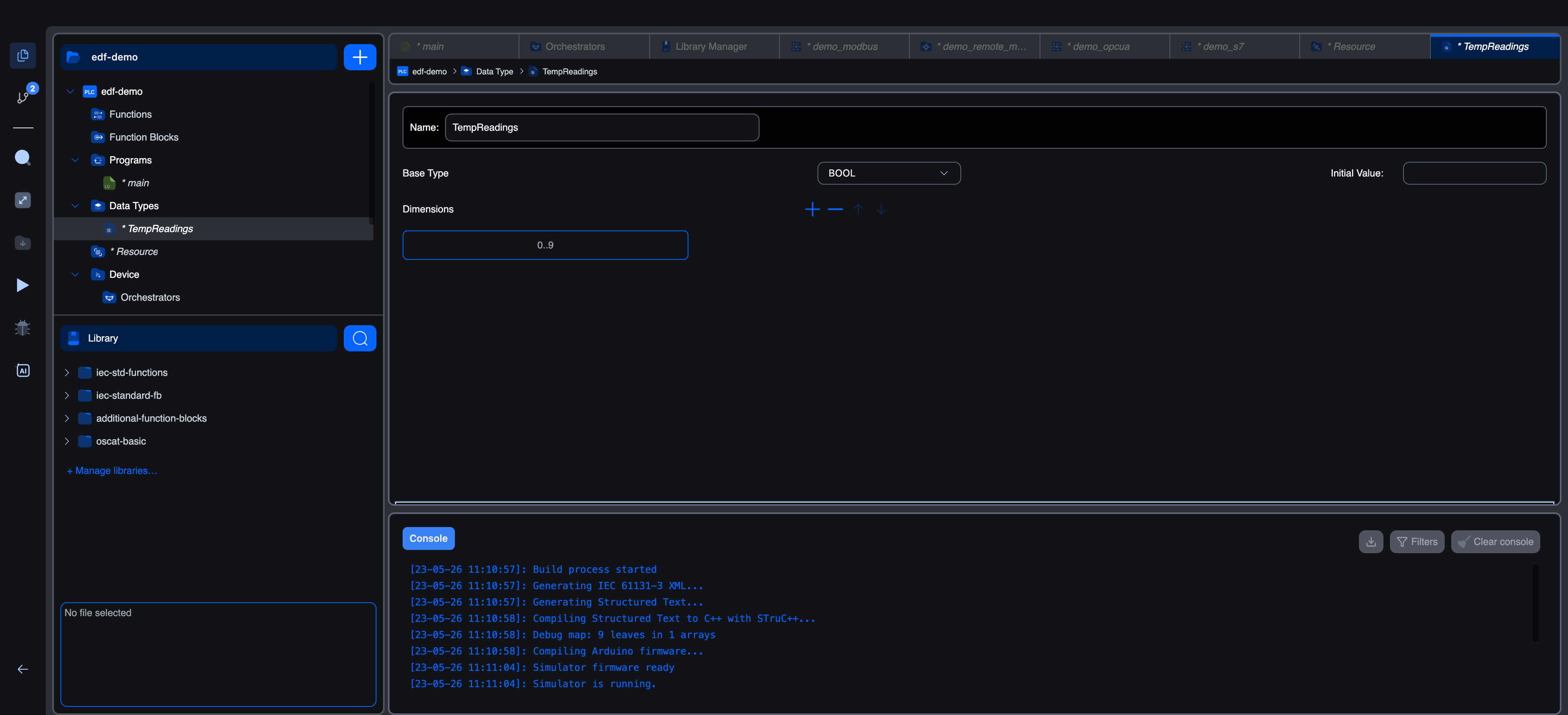Array editor for the TempReadings type: a Name field set to "TempReadings", a Base Type dropdown showing BOOL, an Initial Value text field, and a Dimensions section with one row showing "0..9"