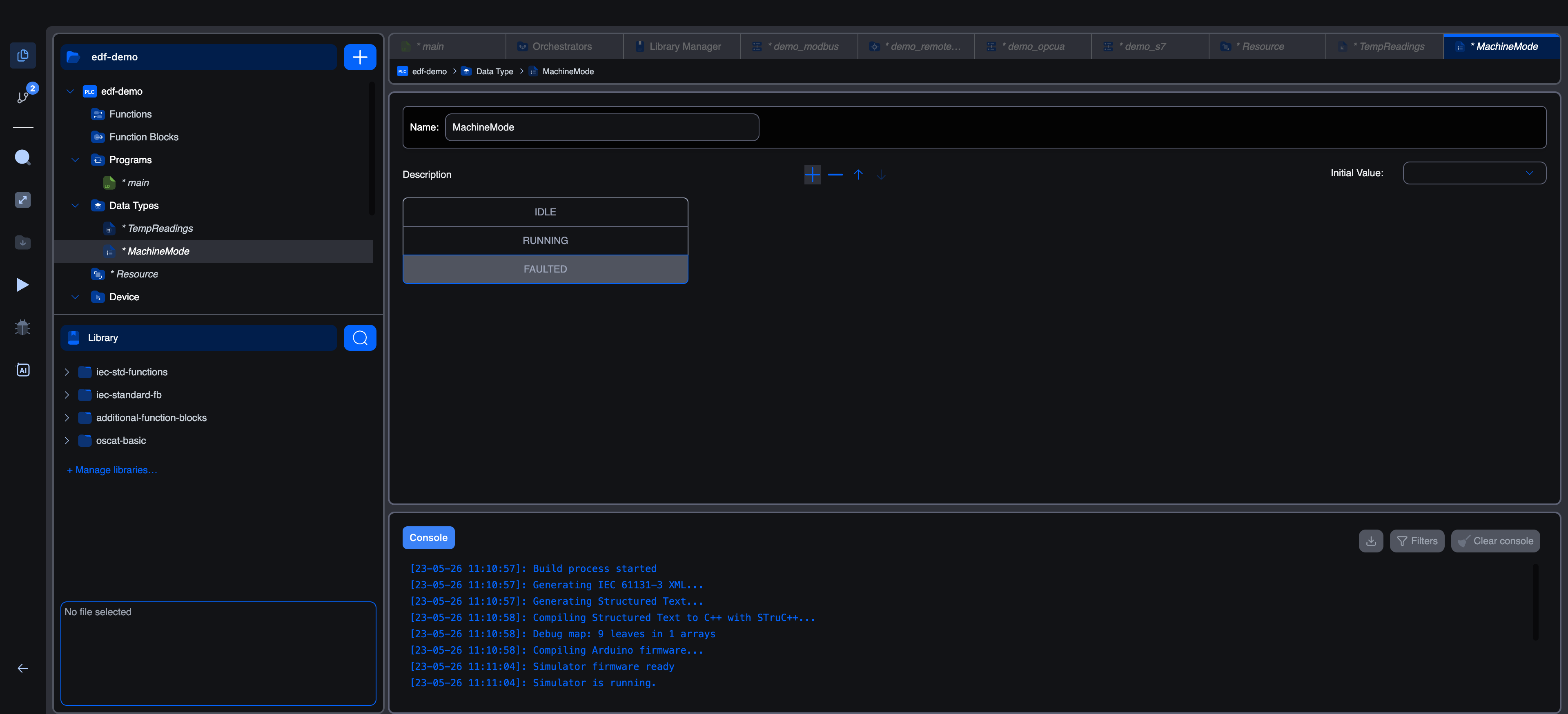 Enumeration editor for the MachineMode type with three values listed in the Description column: IDLE, RUNNING, FAULTED