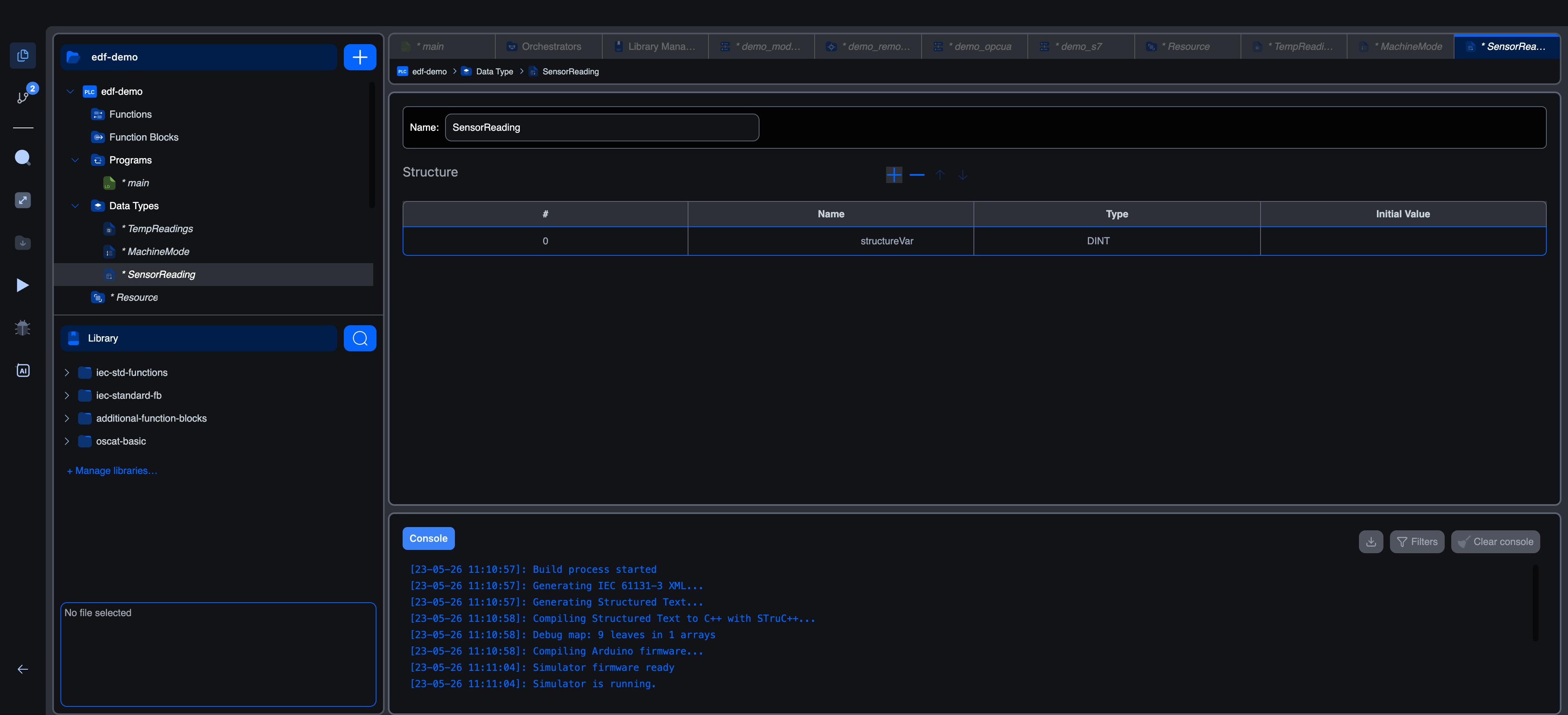 Structure editor for the SensorReading type: Name field at the top, then a Structure section with a +/-/up/down toolbar and a table containing one field row: # 0, Name structureVar, Type DINT