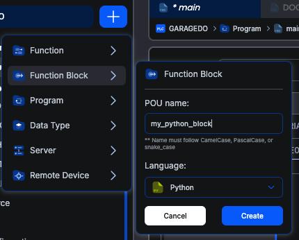 New Function Block dialog: + menu on the left, name field and Language dropdown on the right (the screenshot shows Python selected; for a C++ block, pick C++ from the Language dropdown instead)