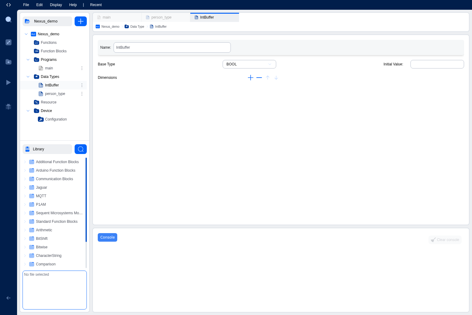 Array editor showing base type selection, initial value, and dimensions configuration
