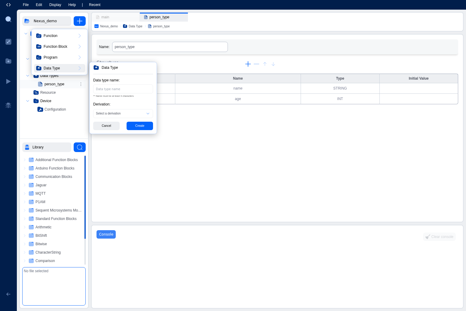 Data type creation form with name input and derivation dropdown