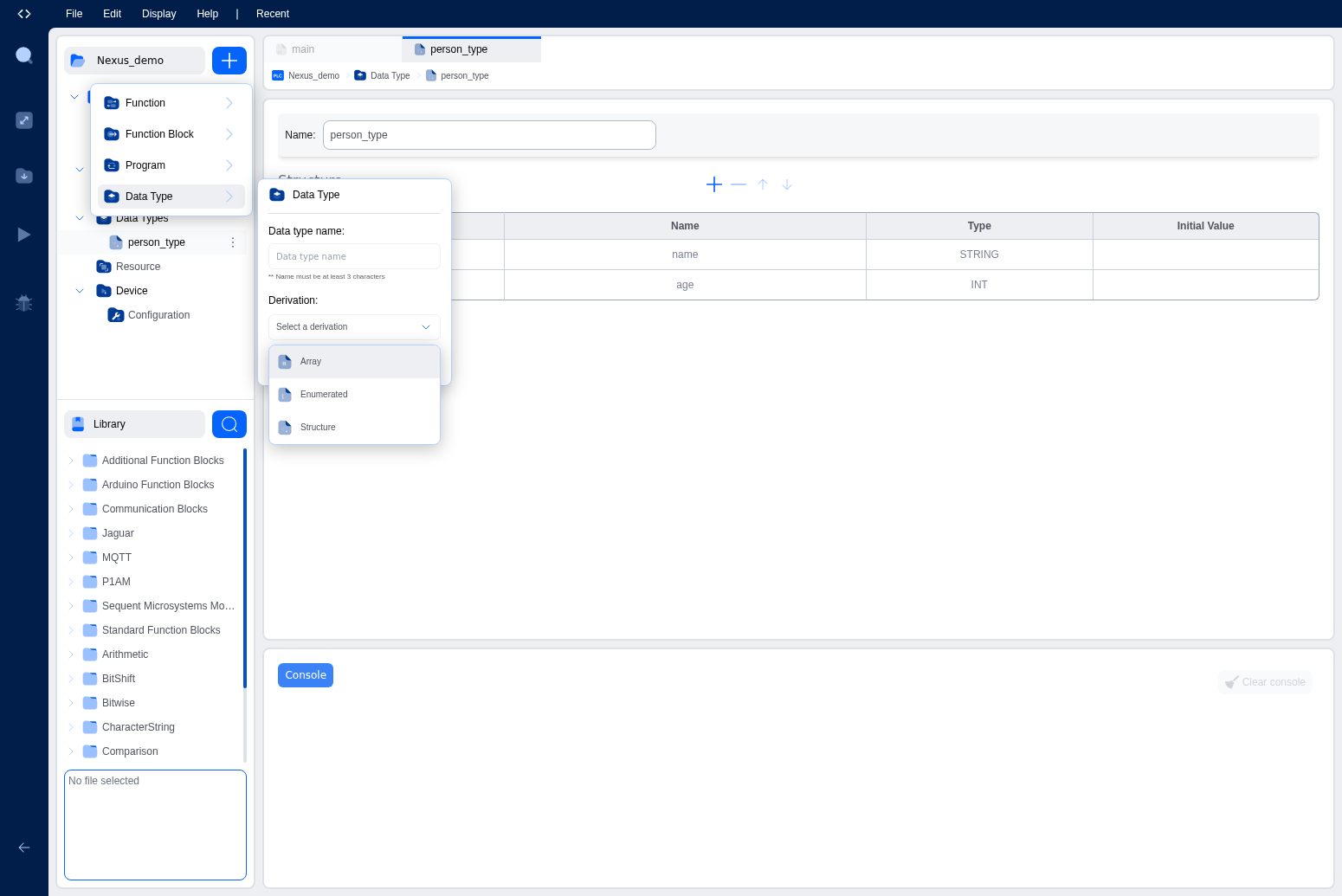 Derivation dropdown showing Array, Enumerated, and Structure options