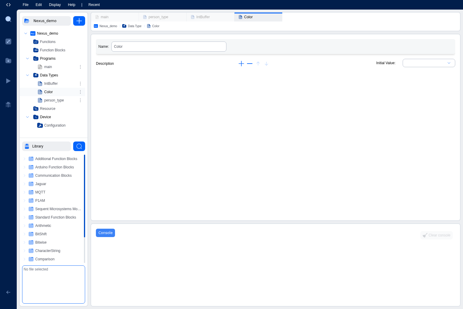 Enumeration editor showing the values table and initial value selection