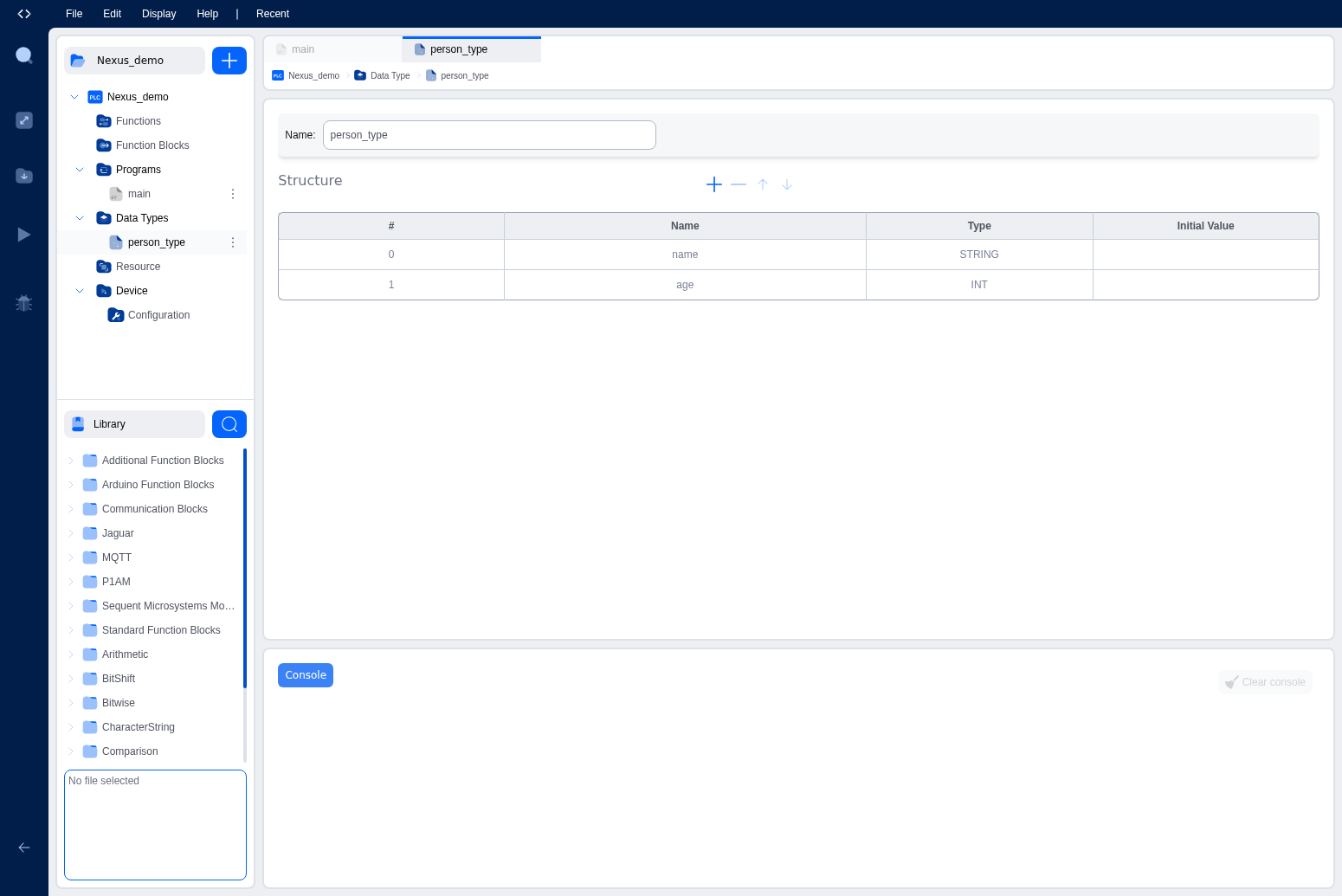 Structure editor showing the fields table with Name, Type, and Initial Value columns