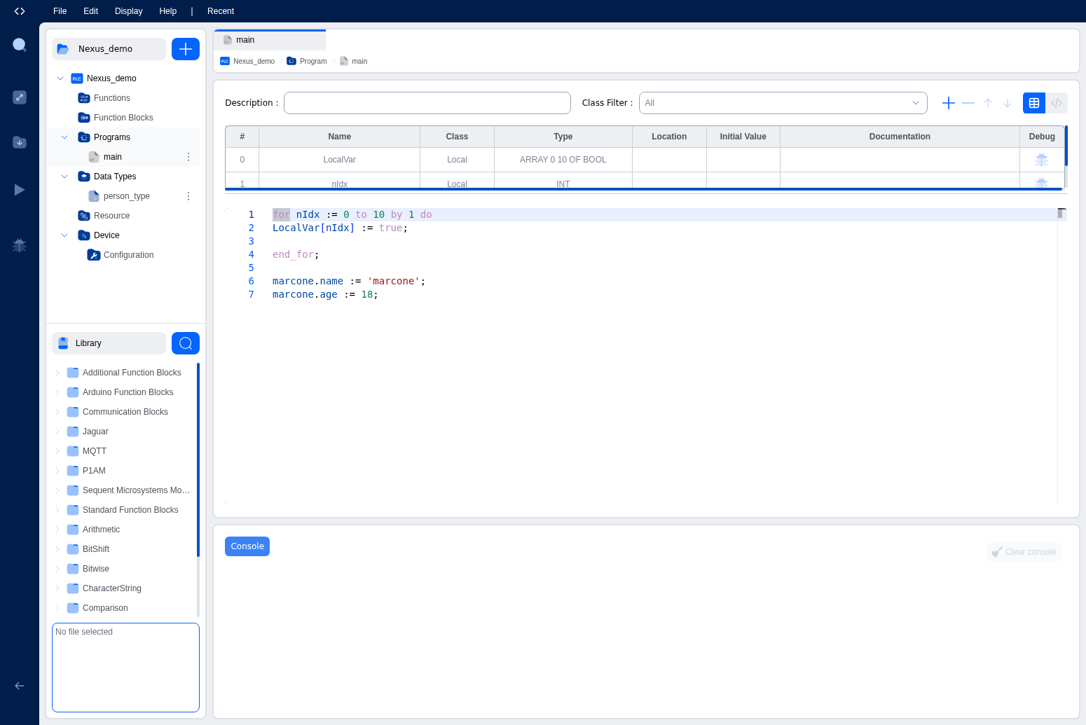 Variables table in graphical mode showing Name, Class, Type, Location, Initial Value, Documentation, and Debug columns