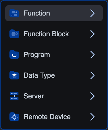 Create Element popover listing Function, Function Block, Program, Data Type, Server, and Remote Device options, each with a small icon and a chevron indicating a sub-menu