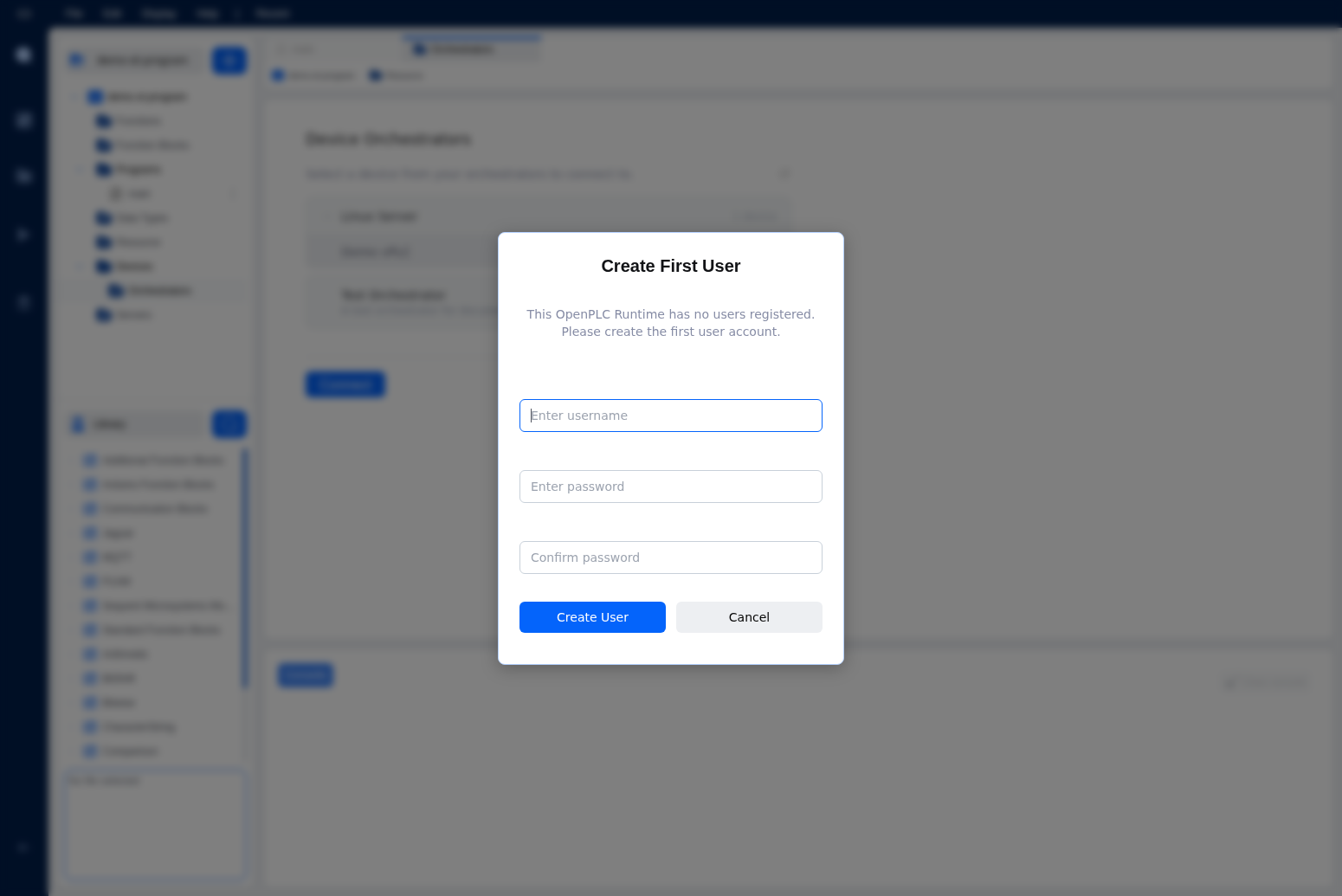 Create First User dialog asking for a username and password, with a confirmation field