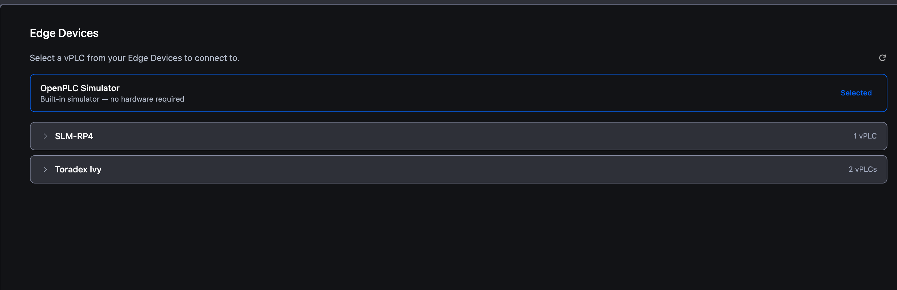 Edge Devices screen with OpenPLC Simulator selected by default at the top, followed by the user's registered Edge Devices as expandable cards
