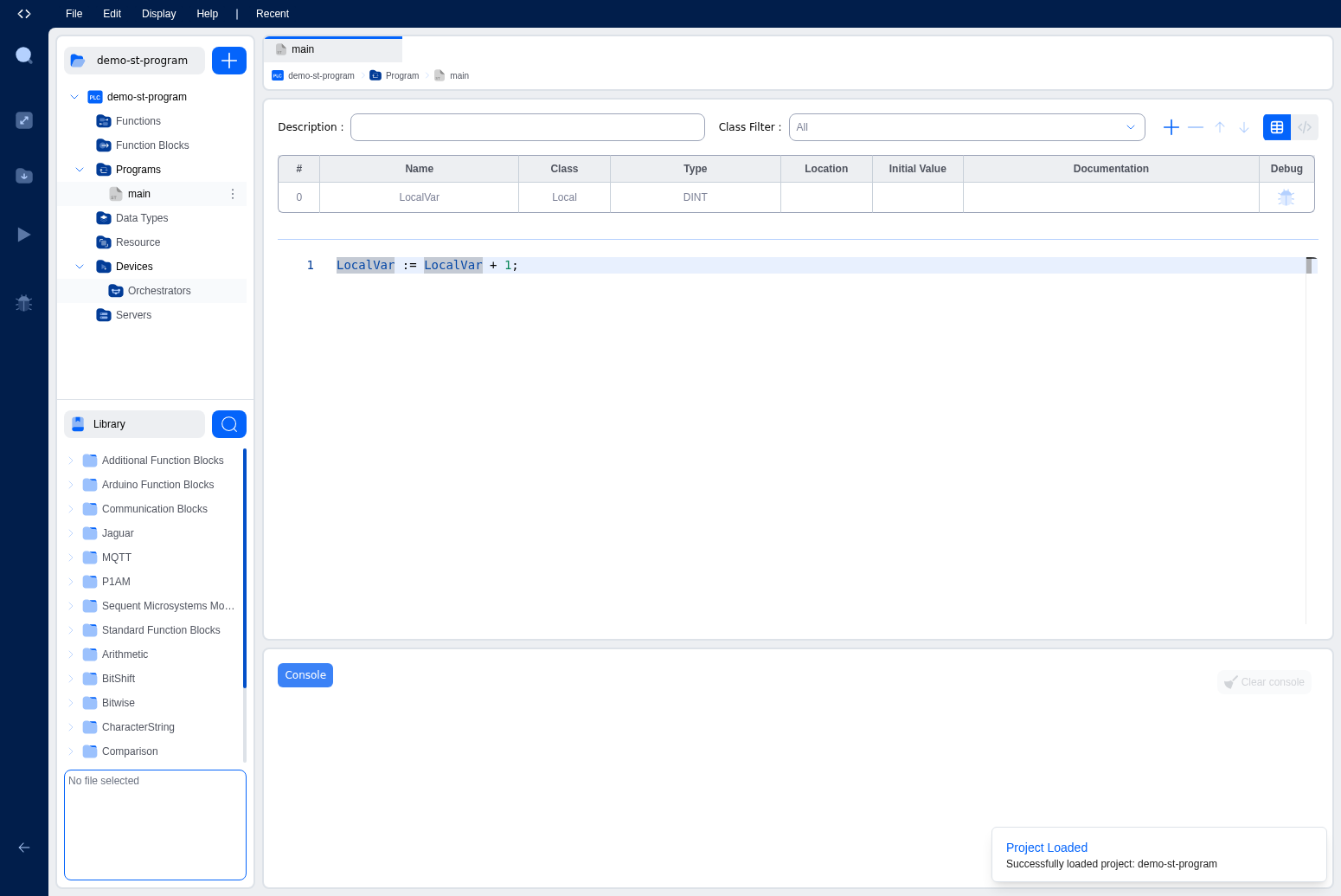 Editor showing a simple Structured Text program with the Variables Table