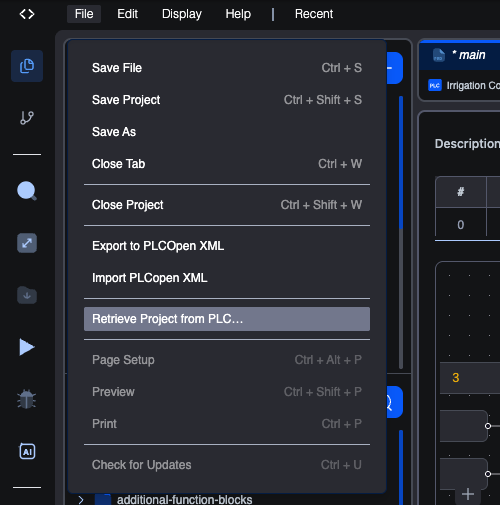 The File menu open, showing Save File, Save Project, Save As, Close Tab, Retrieve Project from PLC…, Close Project, Export to PLCOpen XML and Import PLCopen XML