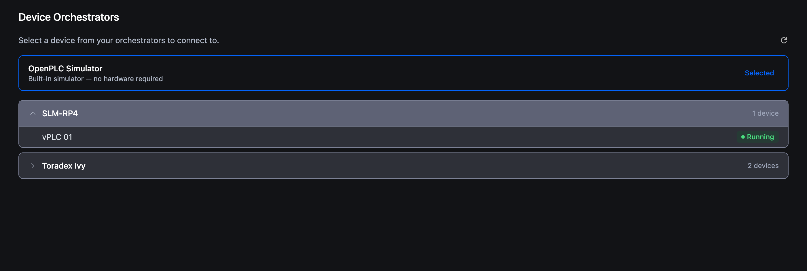 Device Orchestrators screen with SLM-RP4 expanded, showing vPLC 01 with a green Running status