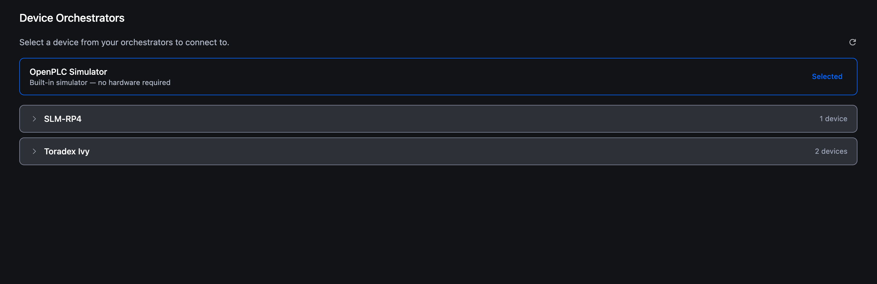 Device Orchestrators screen with OpenPLC Simulator selected by default at the top, followed by the user's registered orchestrators as expandable cards