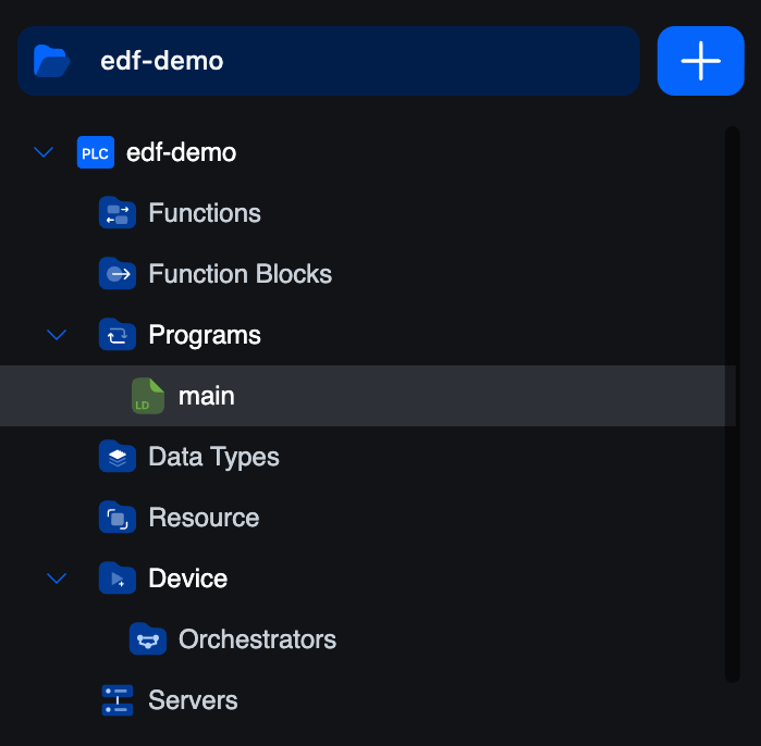 Project tree showing the EDF Demo project expanded: PLC root with Functions, Function Blocks, Programs/main, Data Types, Resource, Device/Orchestrators, and Servers branches